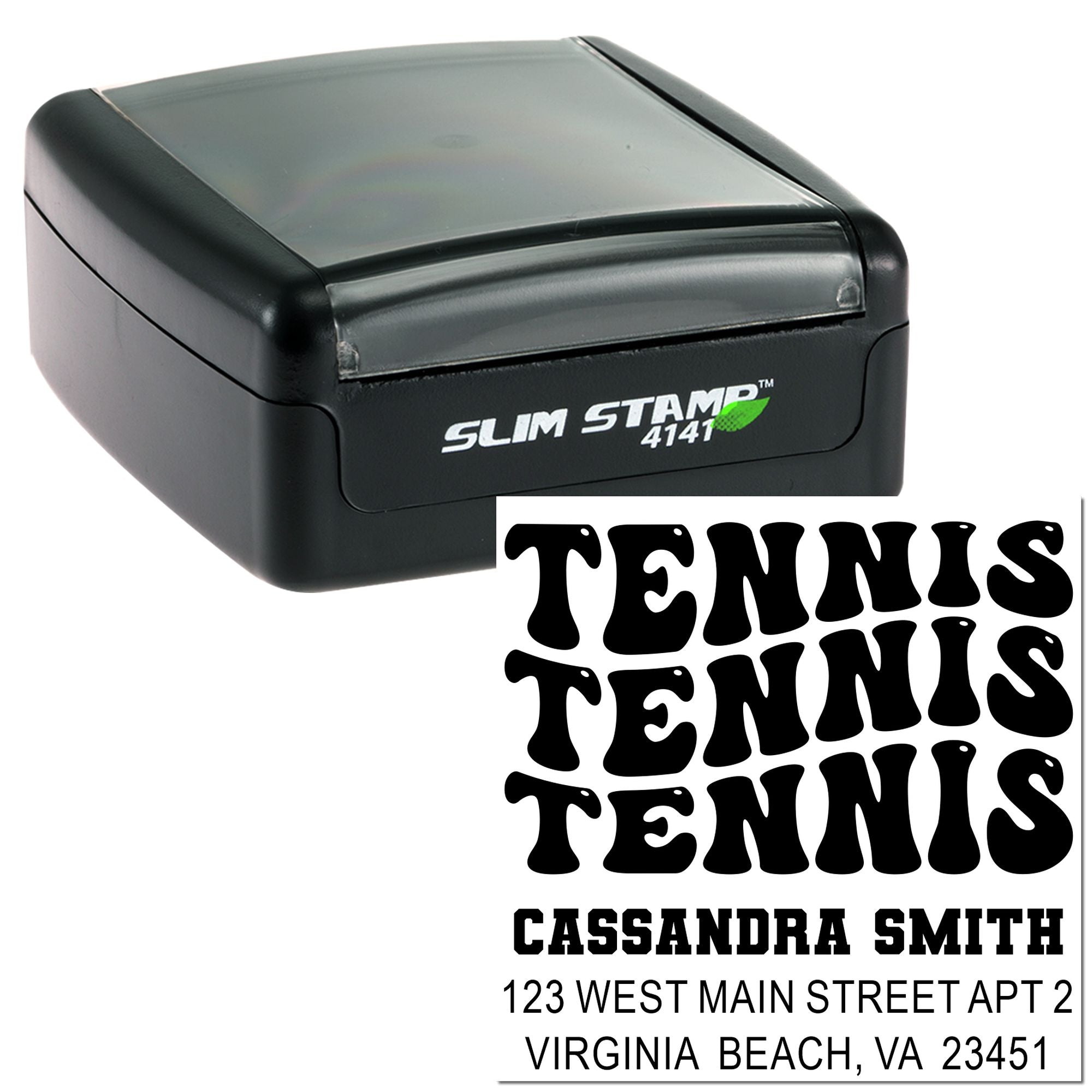 Slim Stamp 4141 self-inking tennis address rubber stamp with custom name and Virginia Beach return address