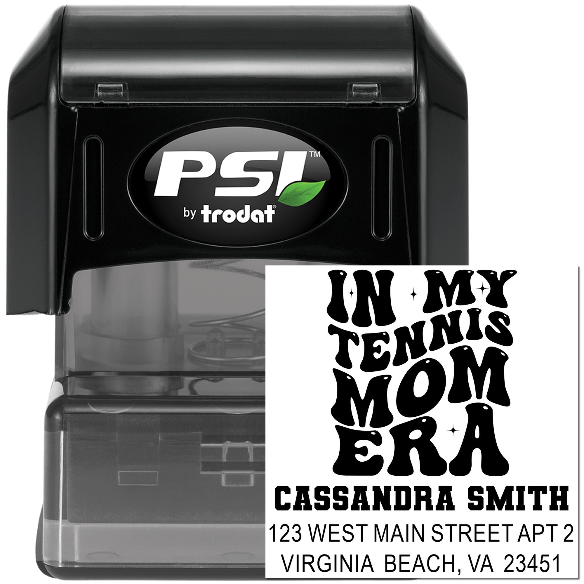 Custom self-inking return address rubber stamp with In My Tennis Mom Era design by PSI Trodat.