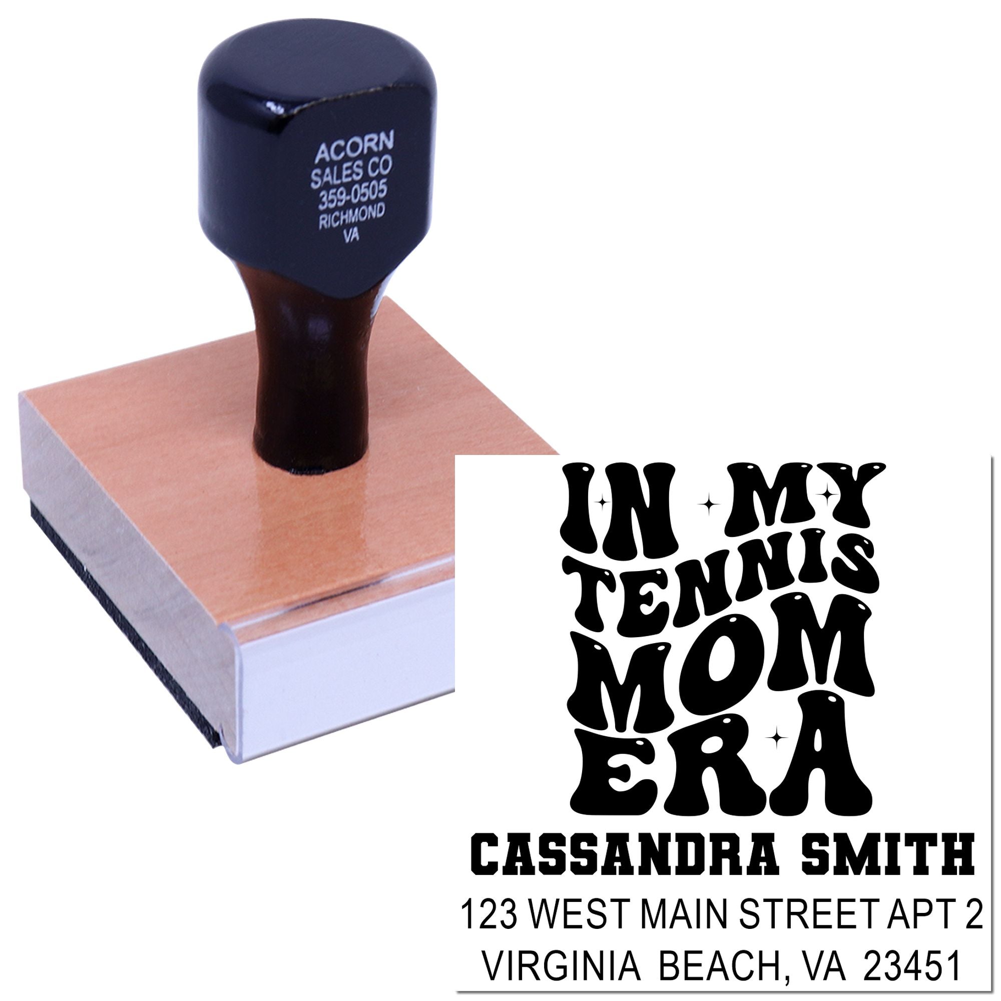 Custom rubber stamp with retro In My Tennis Mom Era address design for personalized mail, gifts, and stationery.