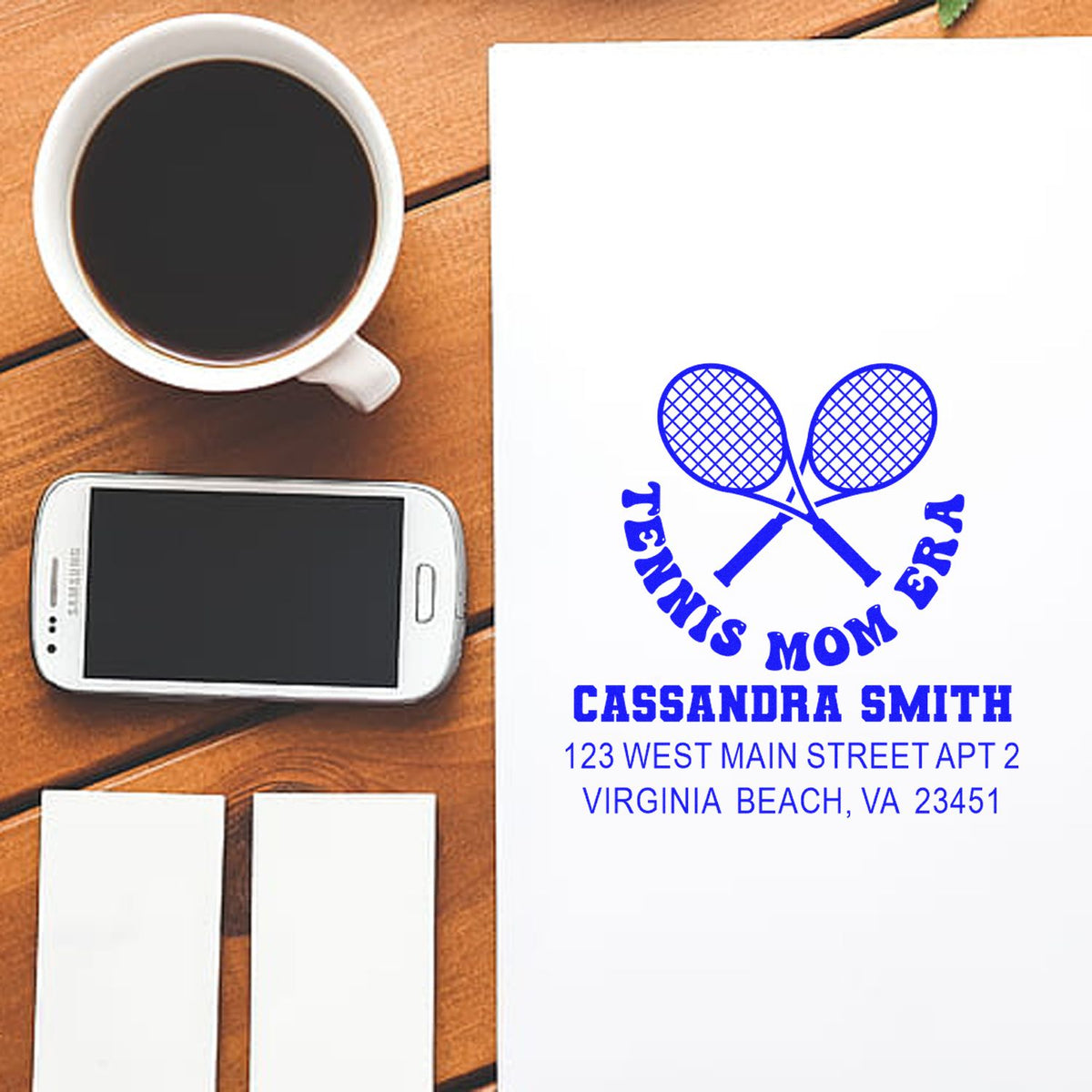 Custom tennis mom rubber stamp with personalized return address and crossed tennis rackets design for mailing and stationery.