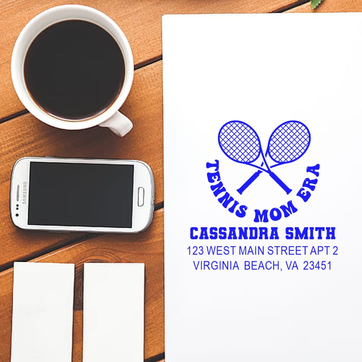 Custom tennis mom return address rubber stamp with crossed rackets, name, and address for personalized mailings.