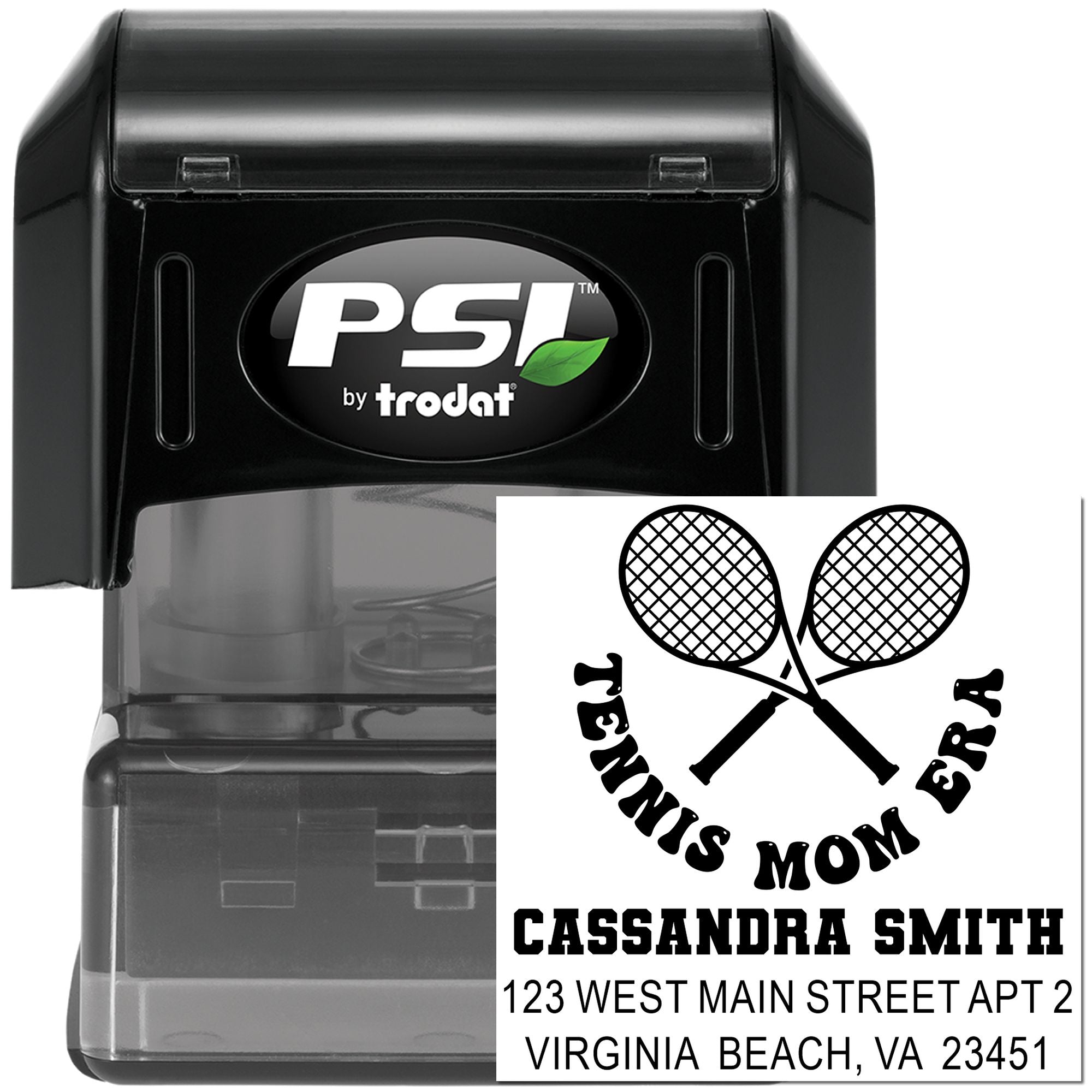 PSI by Trodat self-inking rubber stamp with custom tennis mom address imprint and personalized name/address layout
