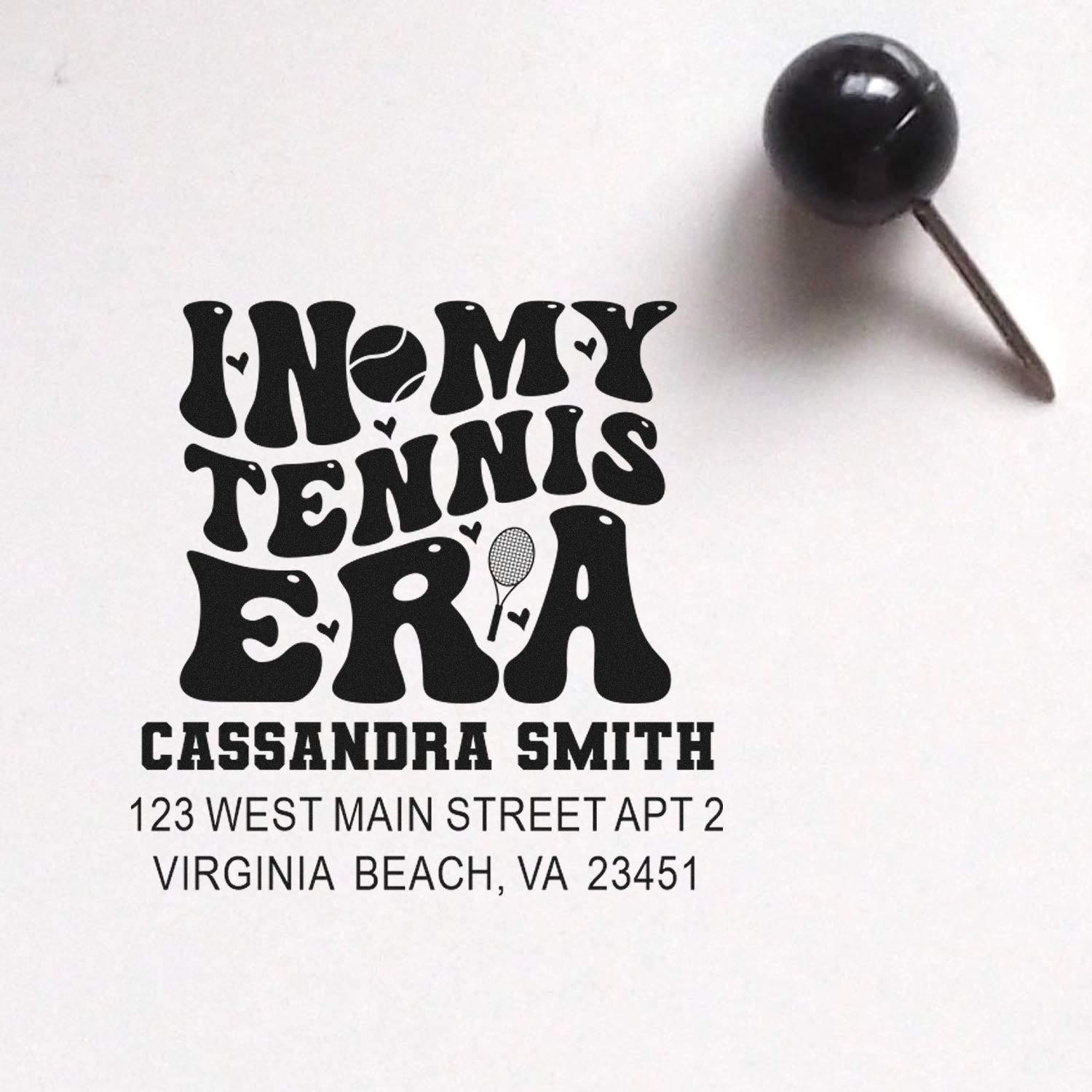 Personalized tennis-themed rubber address stamp with In My Tennis Era design and Virginia Beach, VA address.