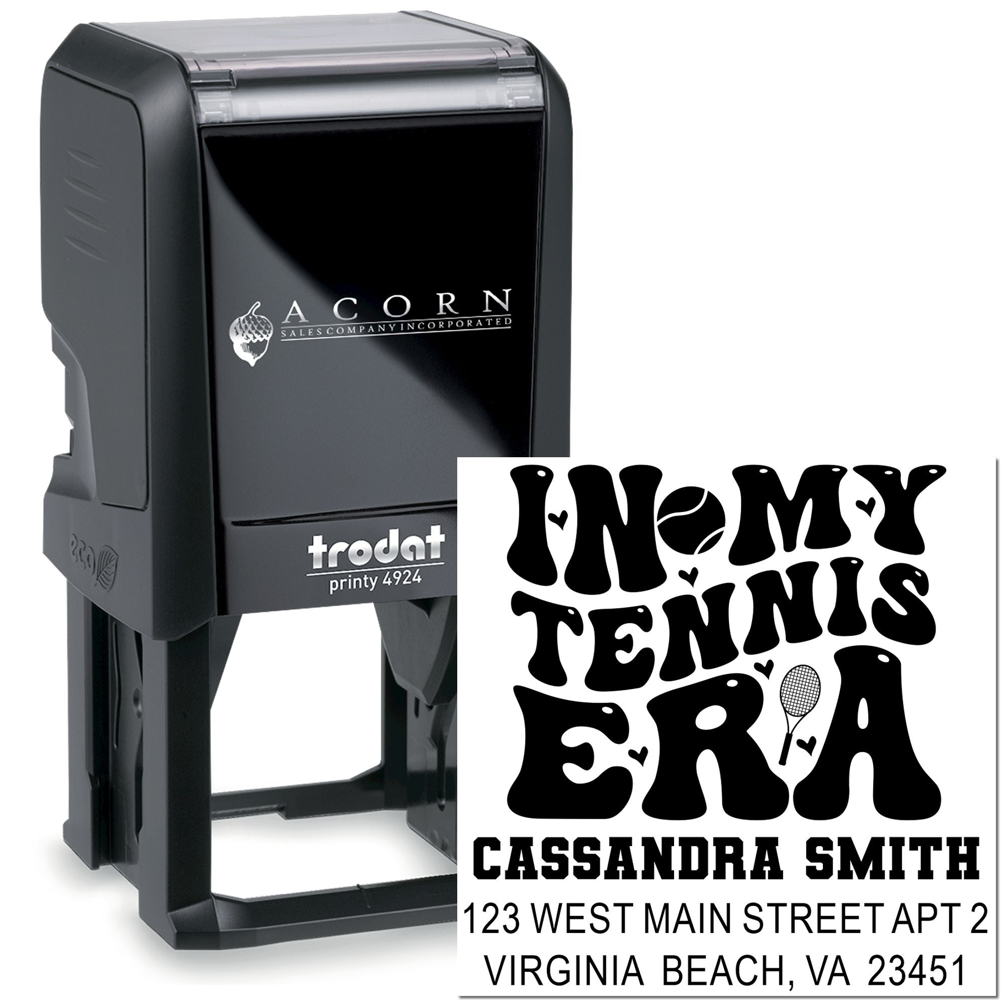 Trodat Printy 4924 custom self-inking rubber stamp with tennis-themed return address for personalized mailing.