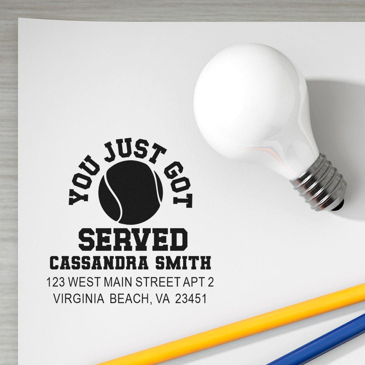 Custom tennis rubber stamp with You Just Got Served return address for Cassandra Smith, Virginia Beach, VA.