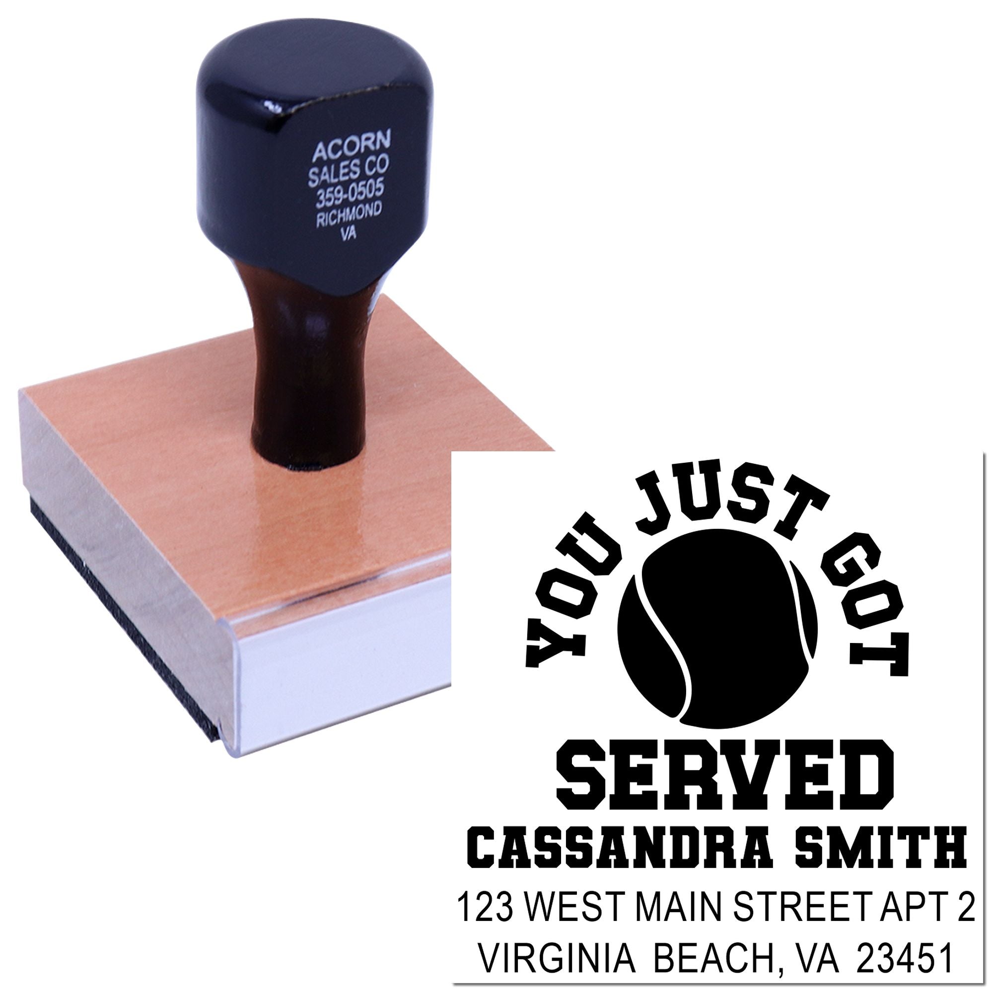 Custom tennis rubber stamp with You Just Got Served design, name, and address for sports-themed correspondence.