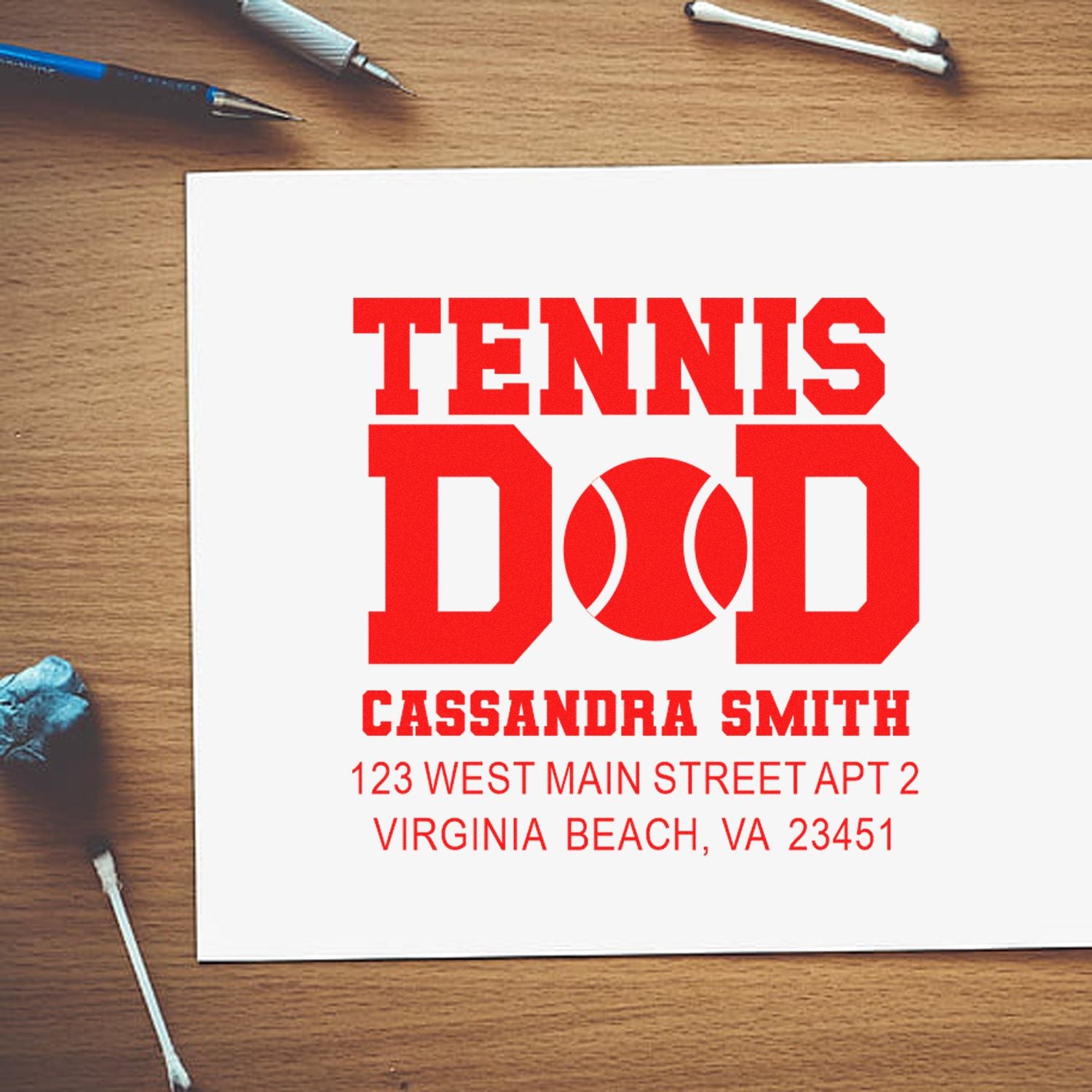 Custom Tennis Dad address stamp with name and Virginia Beach address for personalized mail and stationery.