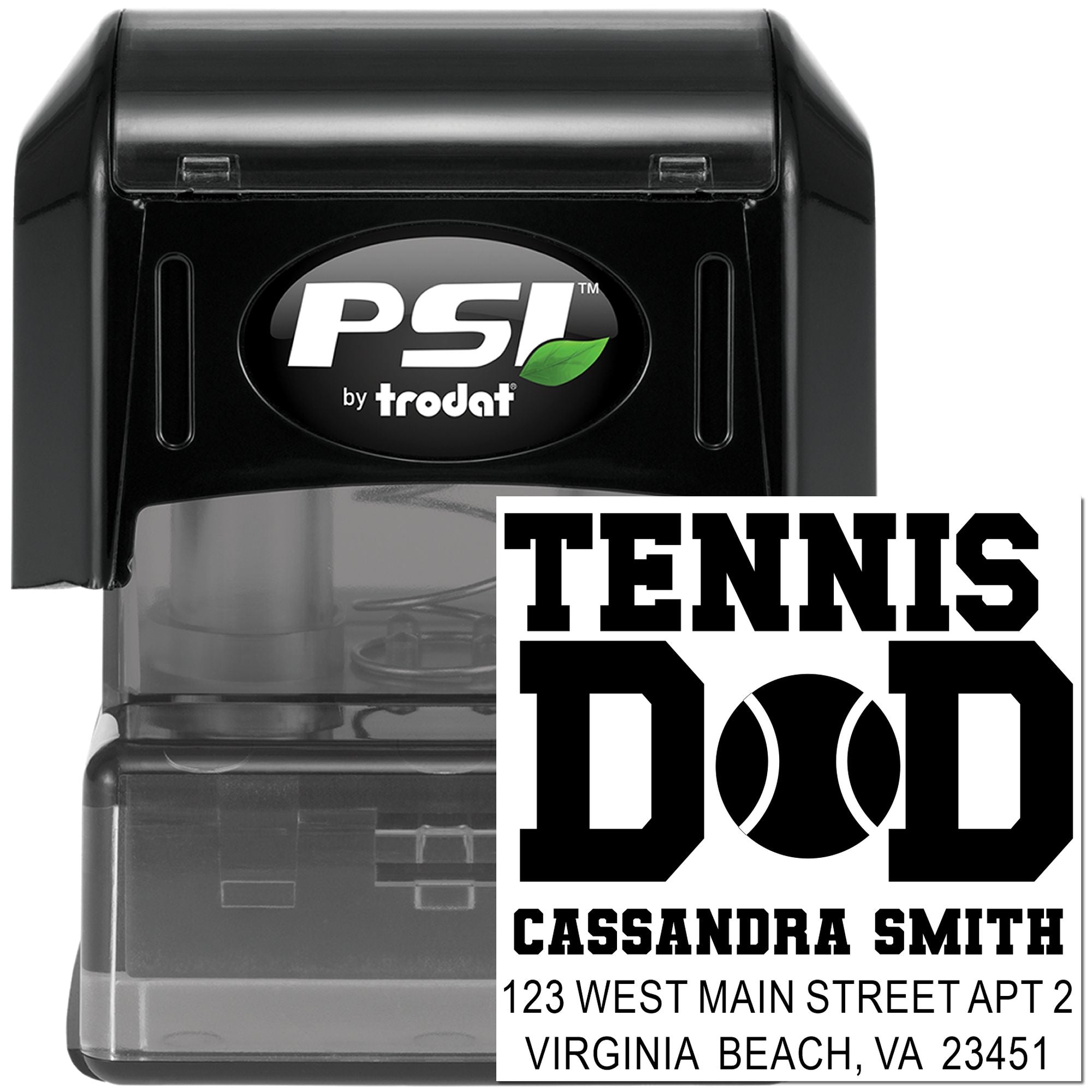 Custom self-inking rubber stamp for tennis dad, featuring name and address for personalized mail, gifts, and club use.