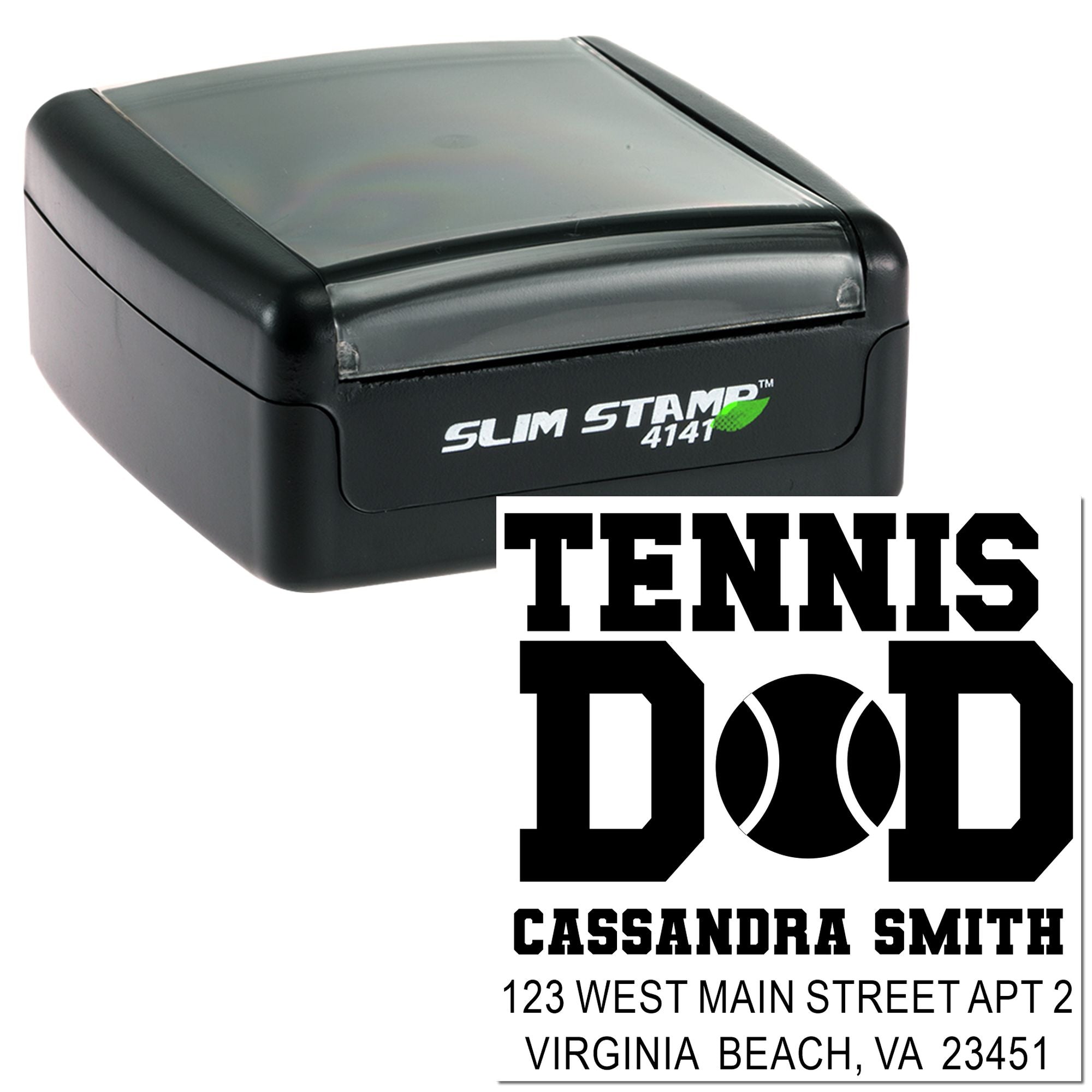 Custom self-inking rubber stamp for Tennis Dad with name and address, ideal for school mail, sports events, and returns.