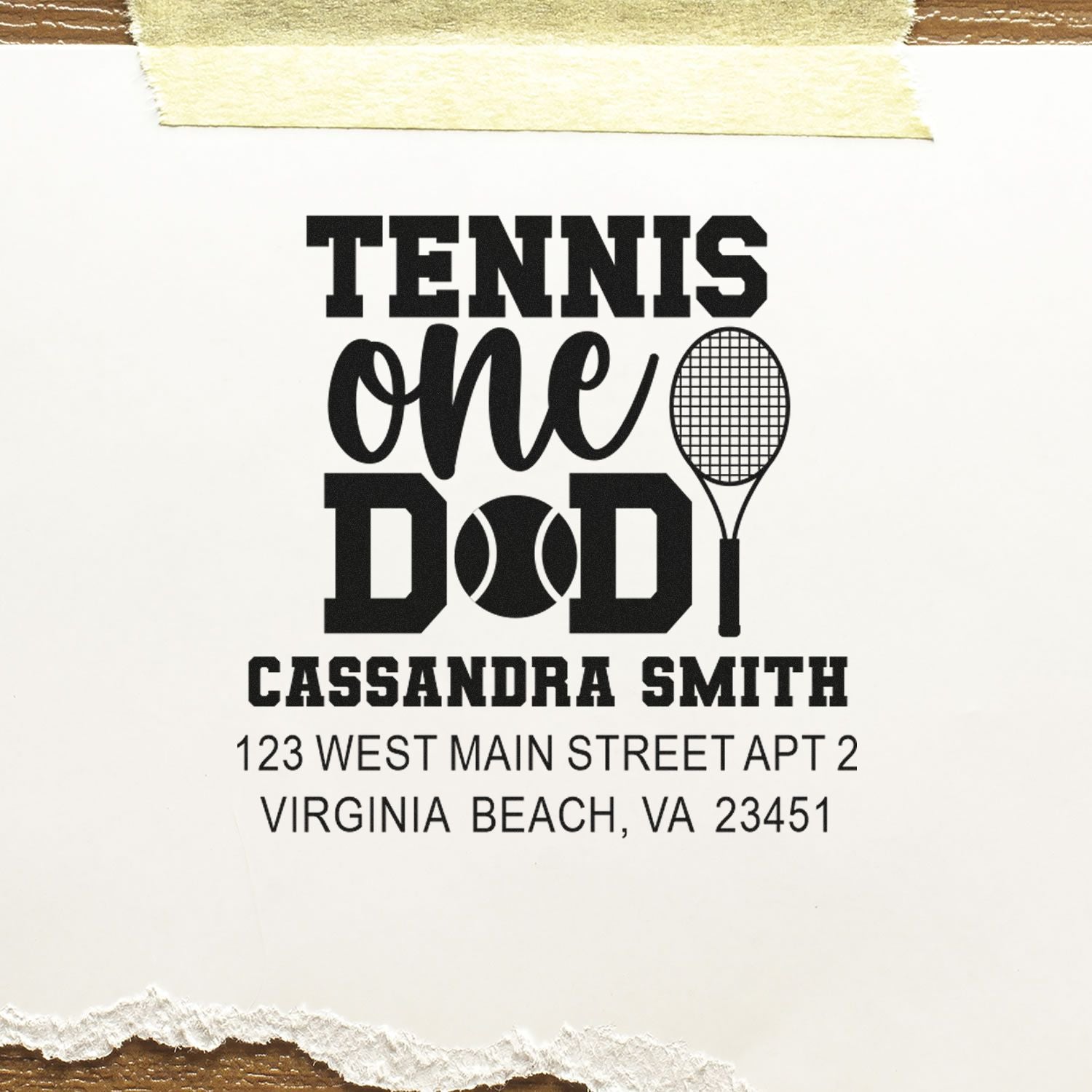 Custom tennis dad address rubber stamp design with tennis ball, racket, name, and Virginia Beach, VA return address.
