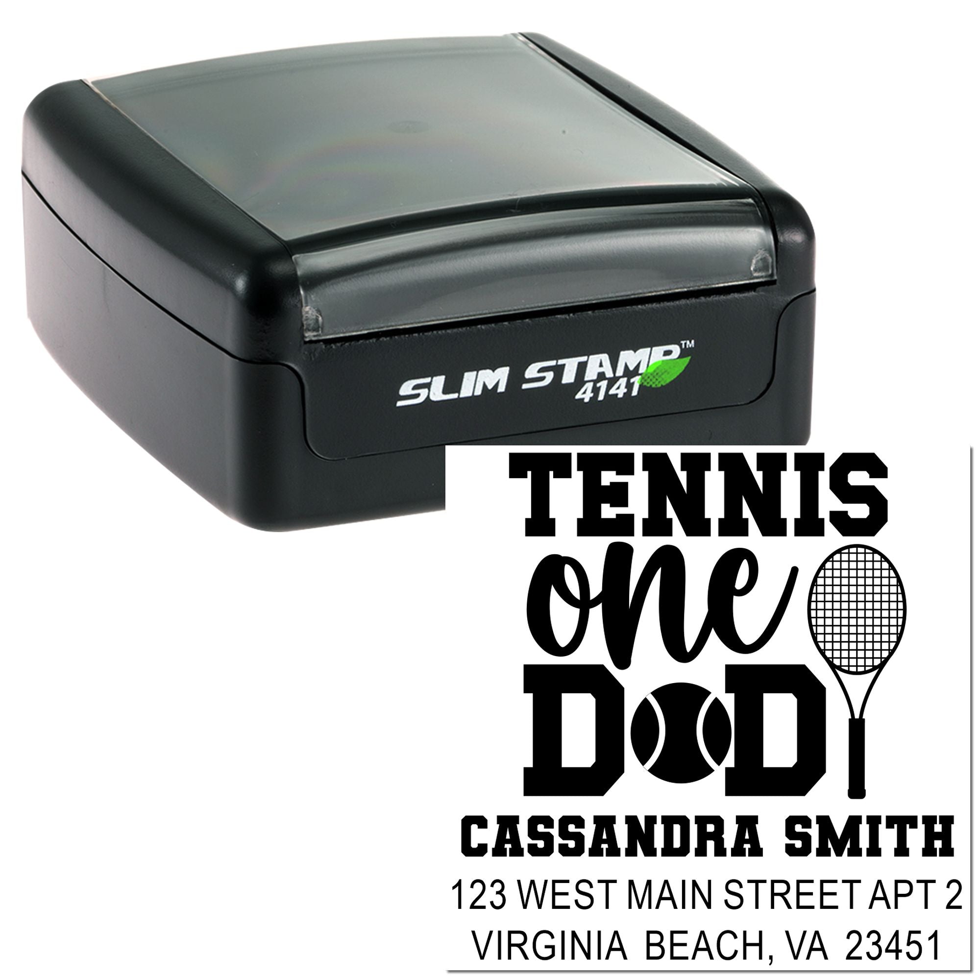 Custom tennis dad self-inking rubber stamp with personalized return address and Slim Stamp 4141 case.