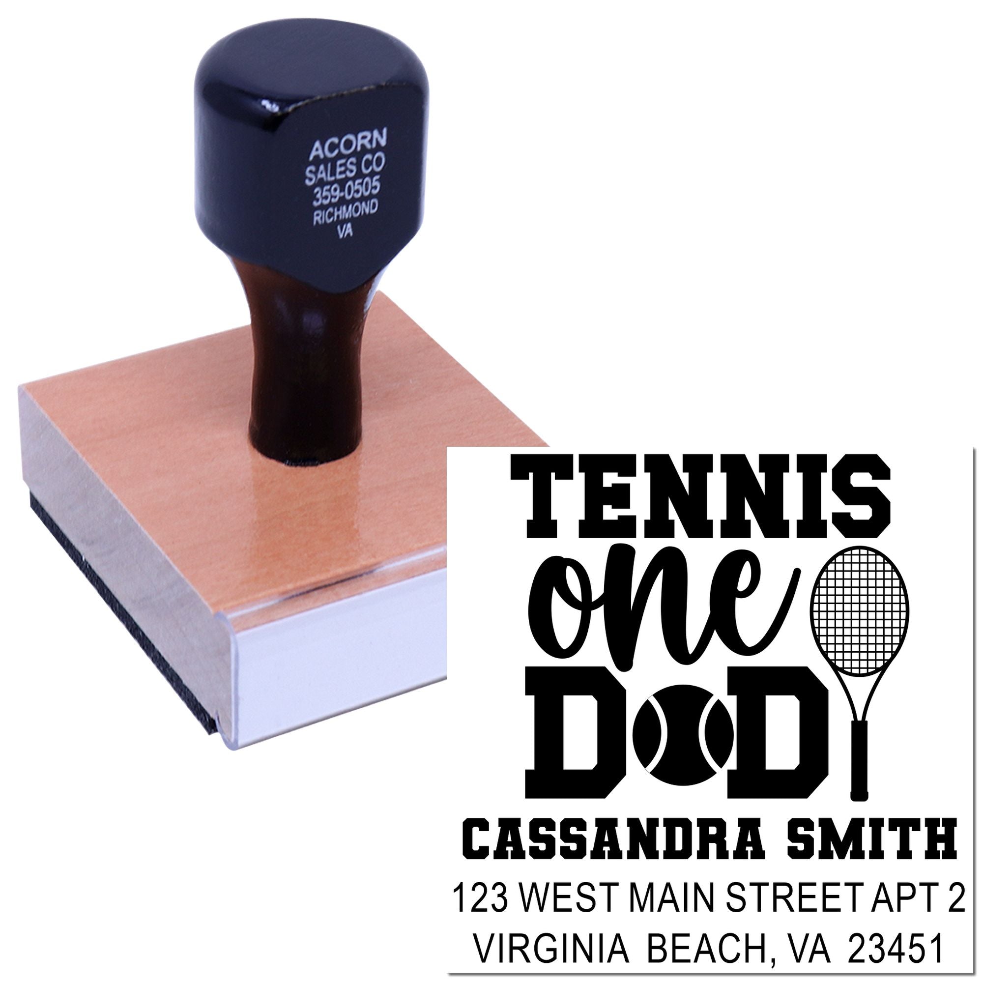 Custom self-inking rubber stamp for tennis dad address labels and personalized mailing.