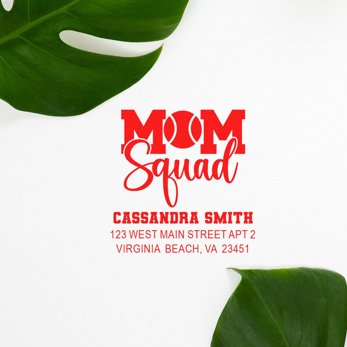 Custom Mom Squad rubber stamp design with Cassandra Smith name and Virginia Beach address, framed by tropical leaves.