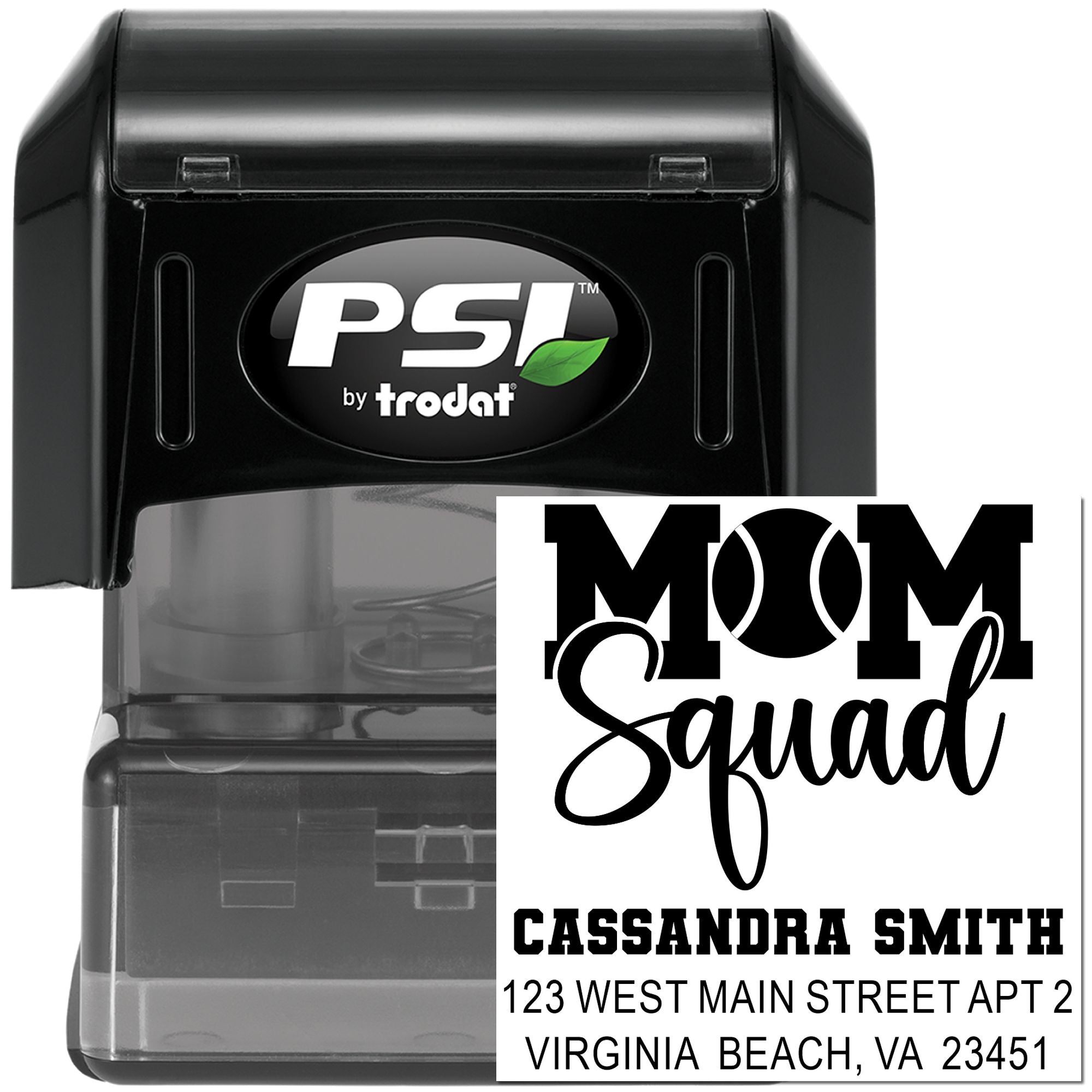 PSI by Trodat self-inking rubber stamp with custom Mom Squad address design for personalized mailing and branding.
