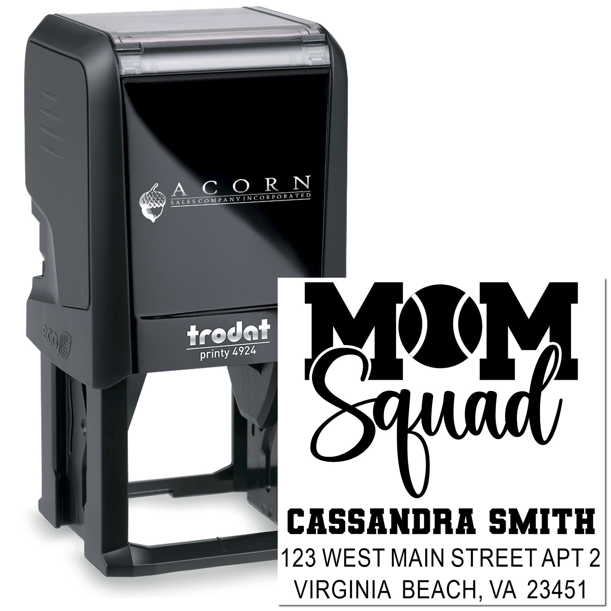 Custom self-inking rubber stamp with Mom Squad design and address imprint, ideal for personalized return address stamping.