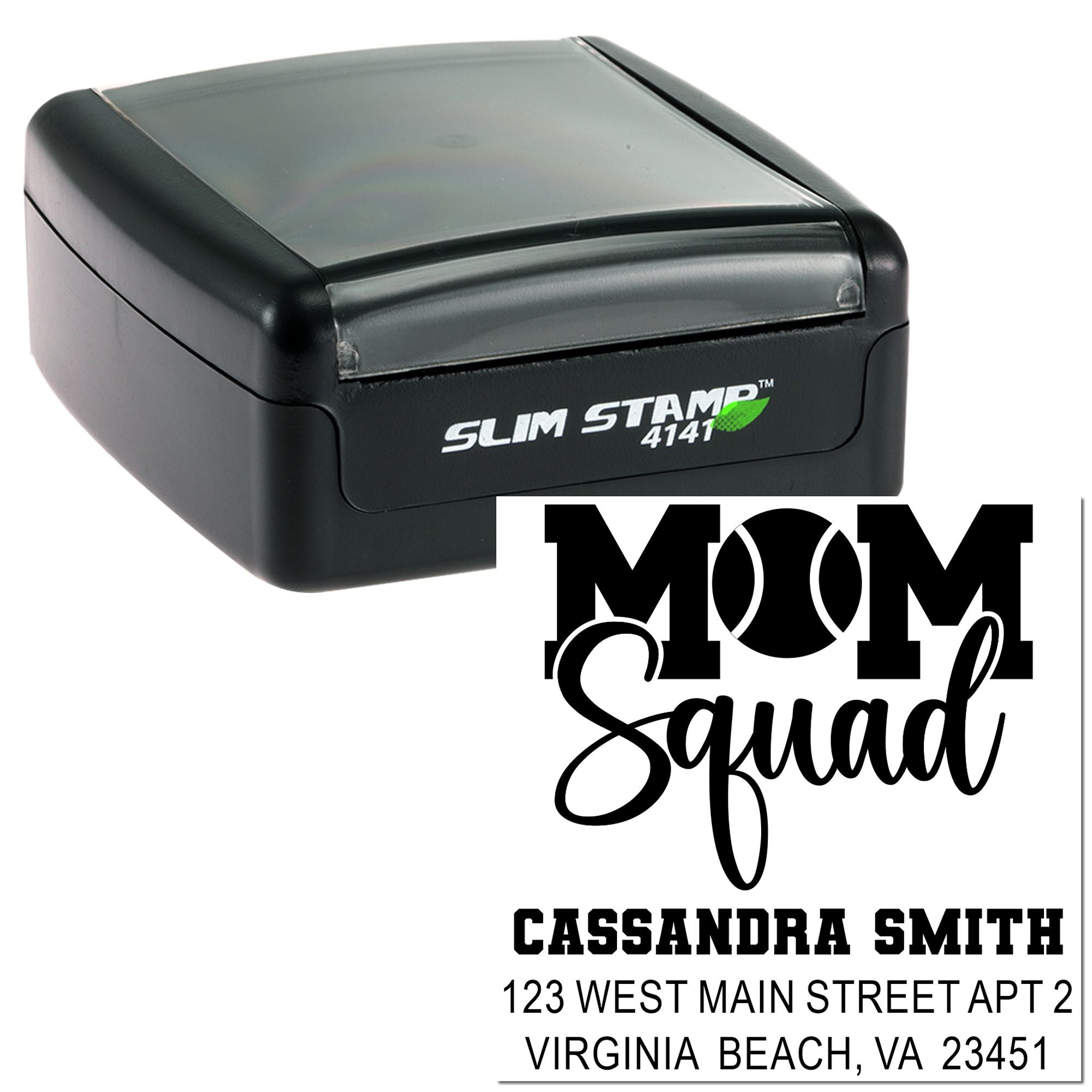 Custom self-inking rubber stamp for Mom Squad, featuring Cassandra Smiths Virginia Beach, VA address.