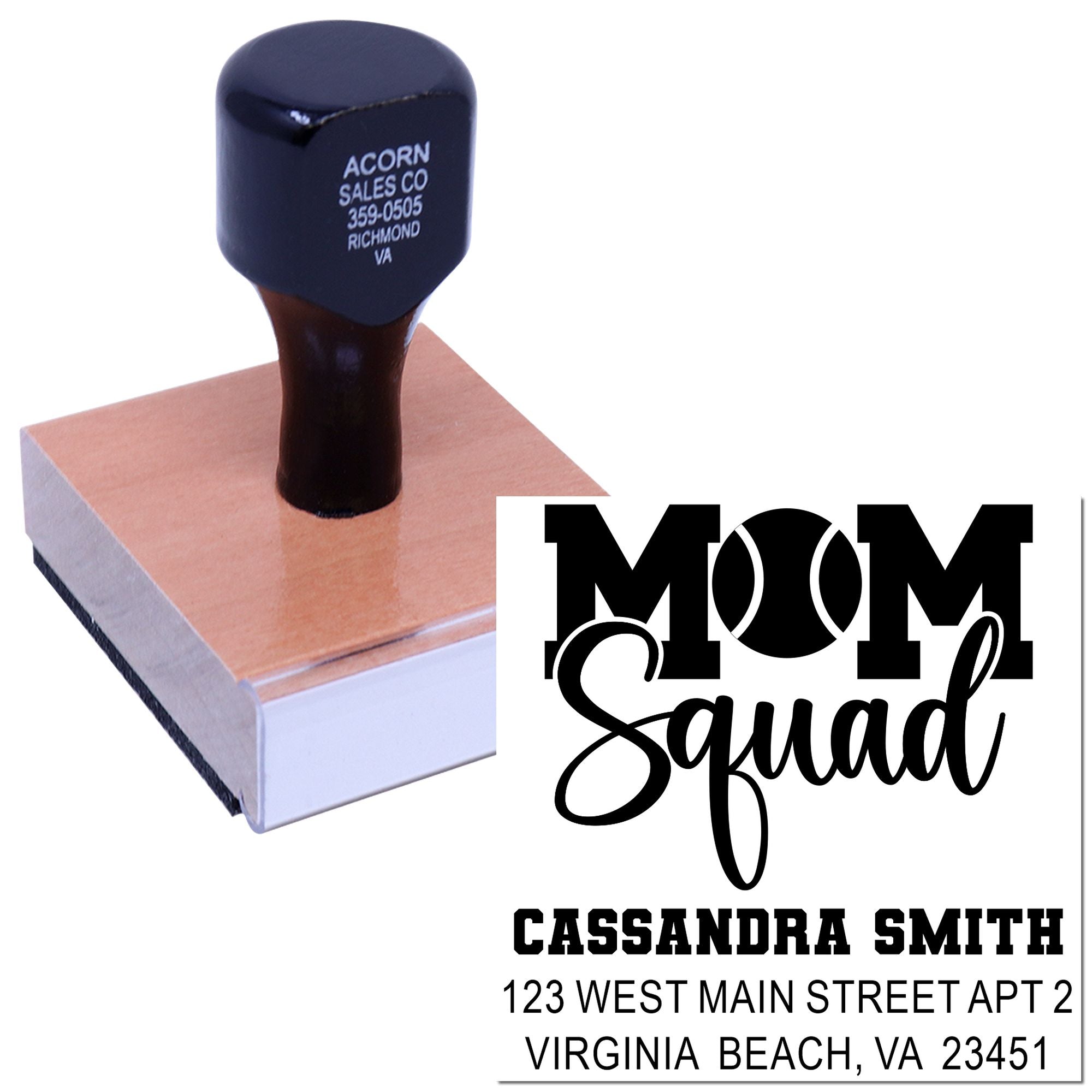 Personalized rubber address stamp with Mom Squad design, ideal for family mail, crafts, and custom branding.