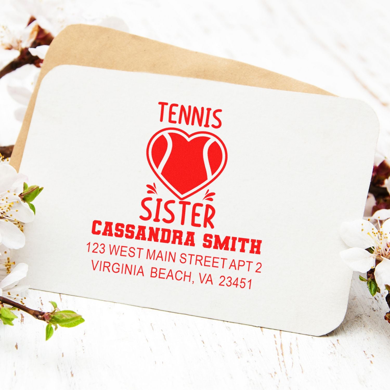 Personalized tennis sister rubber stamp with heart design and address for Cassandra Smith, Virginia Beach, VA.