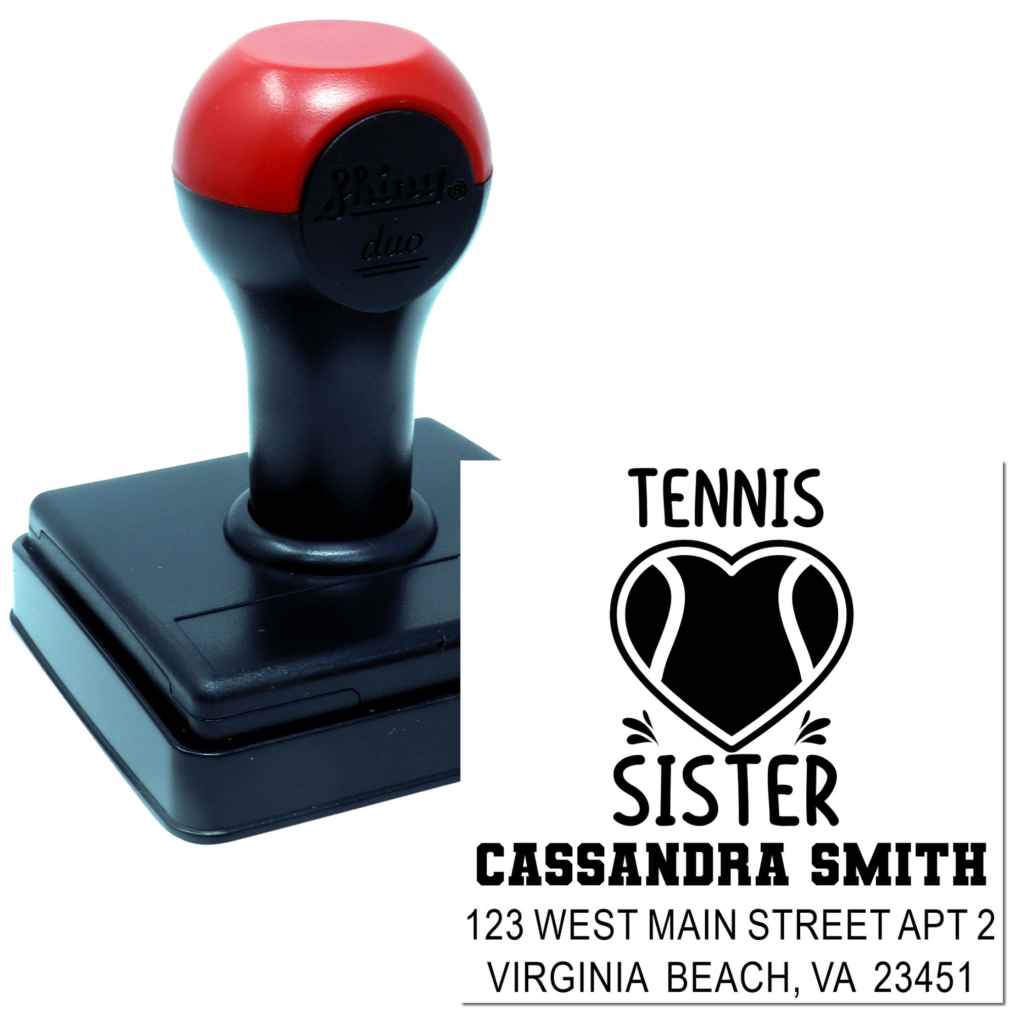 Personalized tennis sister return address self-inking rubber stamp with custom name, address, and heart tennis design