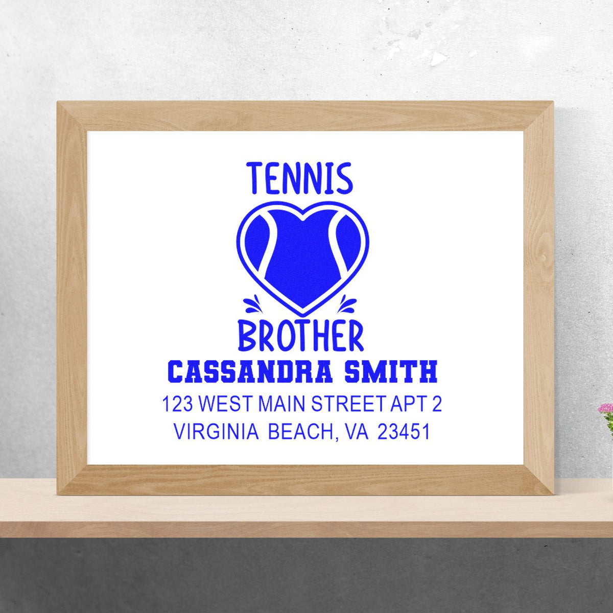 Personalized tennis brother rubber stamp with name and Virginia Beach, VA address.