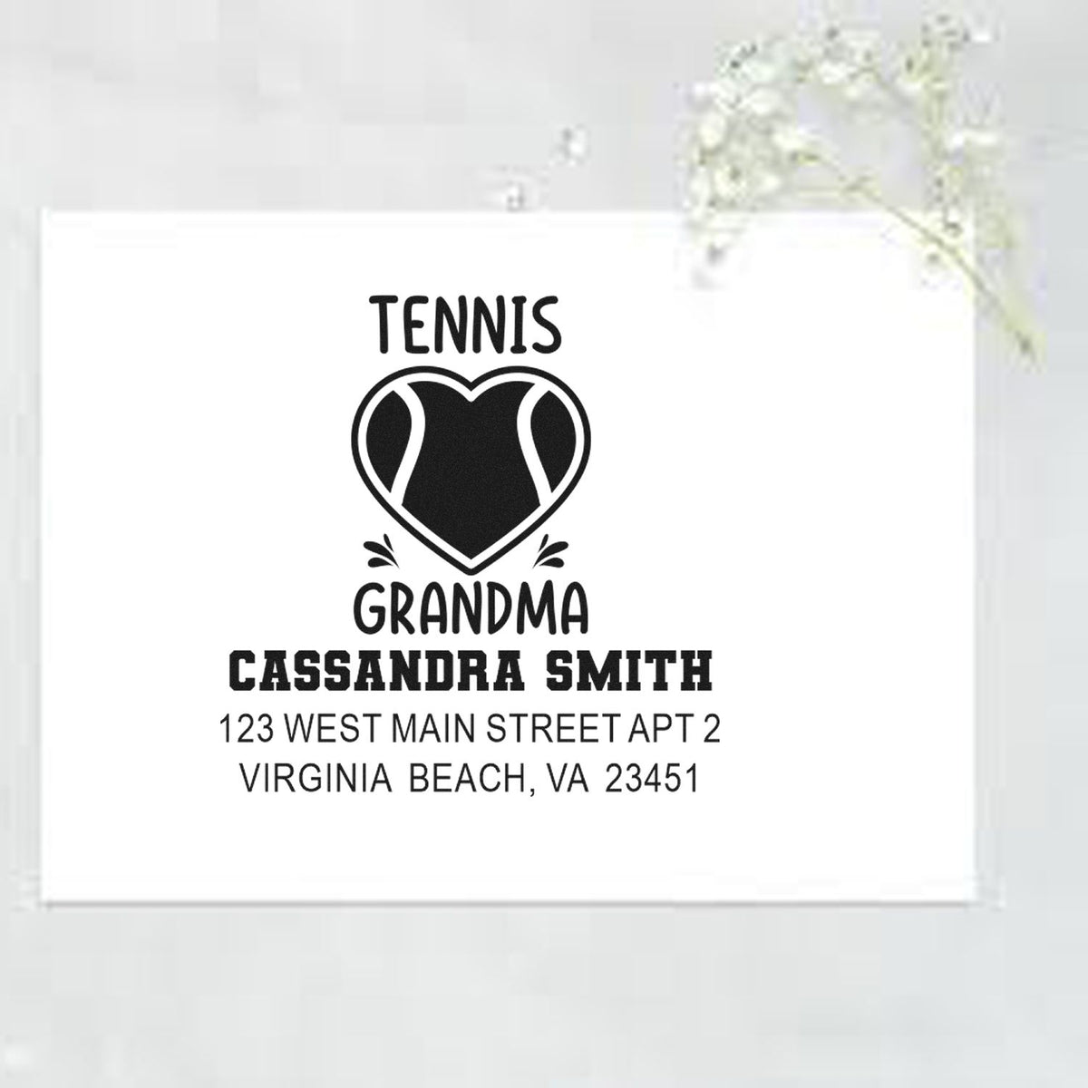 Custom Tennis Grandma address rubber stamp with heart tennis ball design, Cassandra Smith, Virginia Beach, VA.