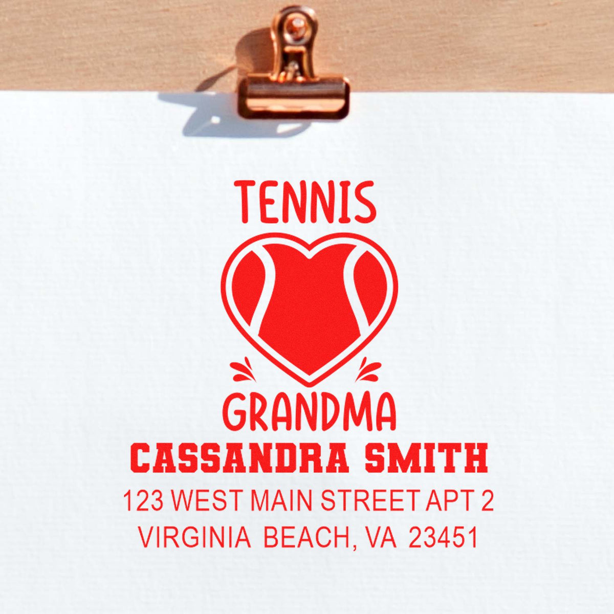 Custom tennis grandma rubber stamp with heart tennis design, name, and address for Cassandra Smith in Virginia Beach, VA.