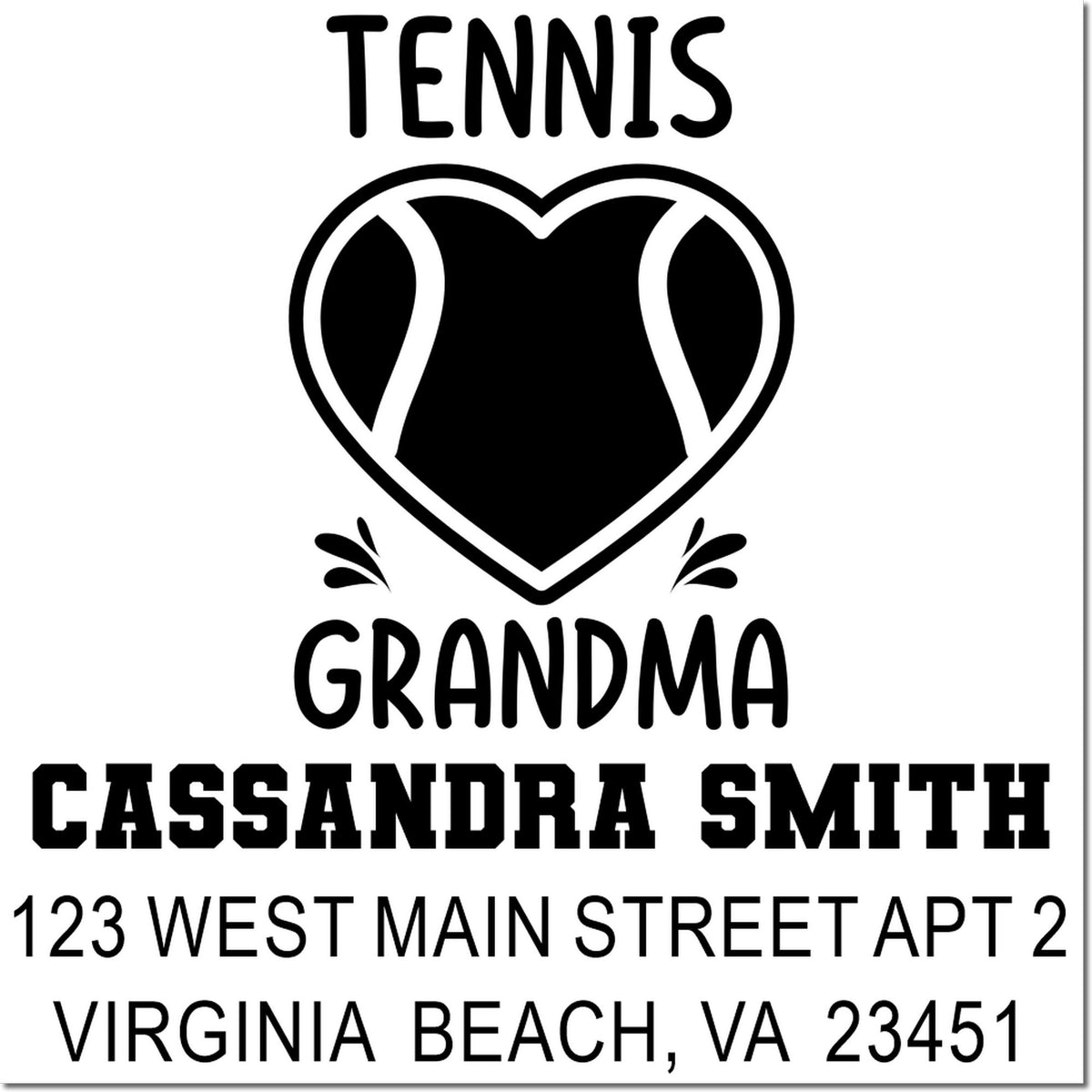 Custom tennis grandma address rubber stamp for Cassandra Smith, Virginia Beach, with heart tennis ball design.