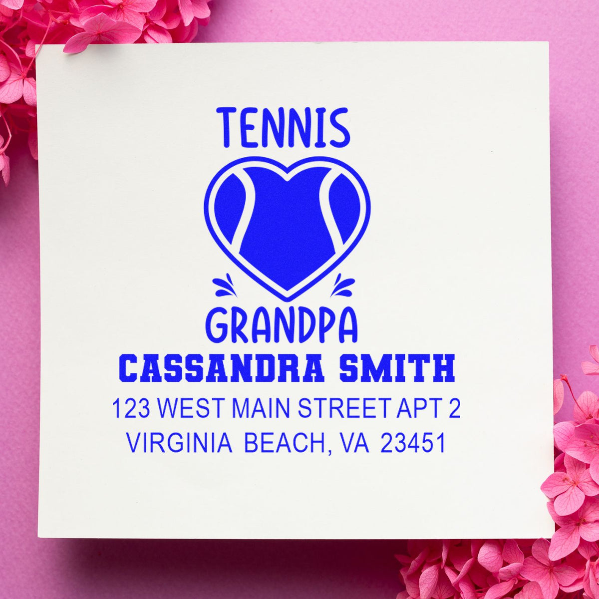 Personalized tennis grandpa rubber address stamp with heart tennis ball design and blue ink impression.