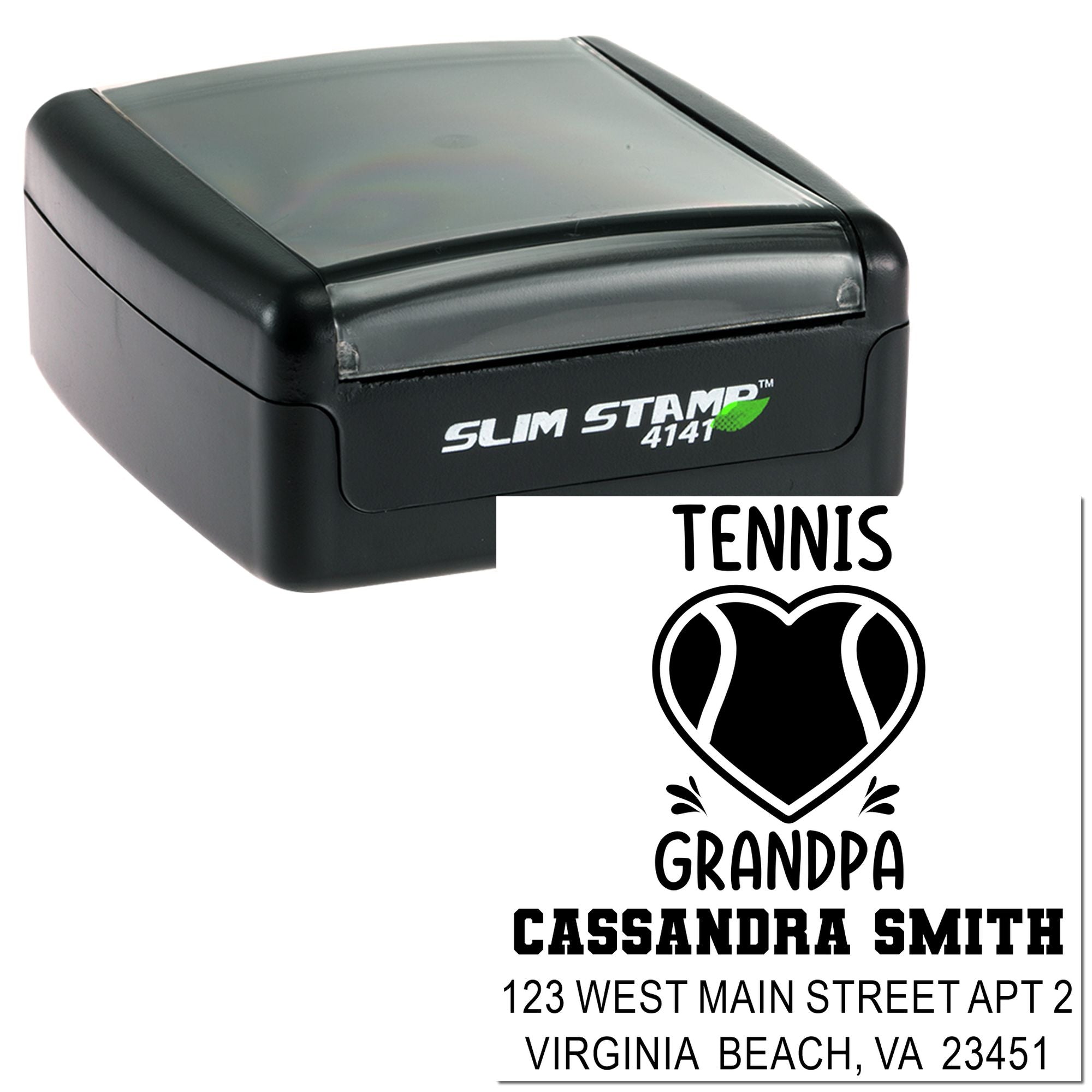Custom tennis grandpa return address rubber stamp with self-inking Slim Stamp design and personalized name and address.