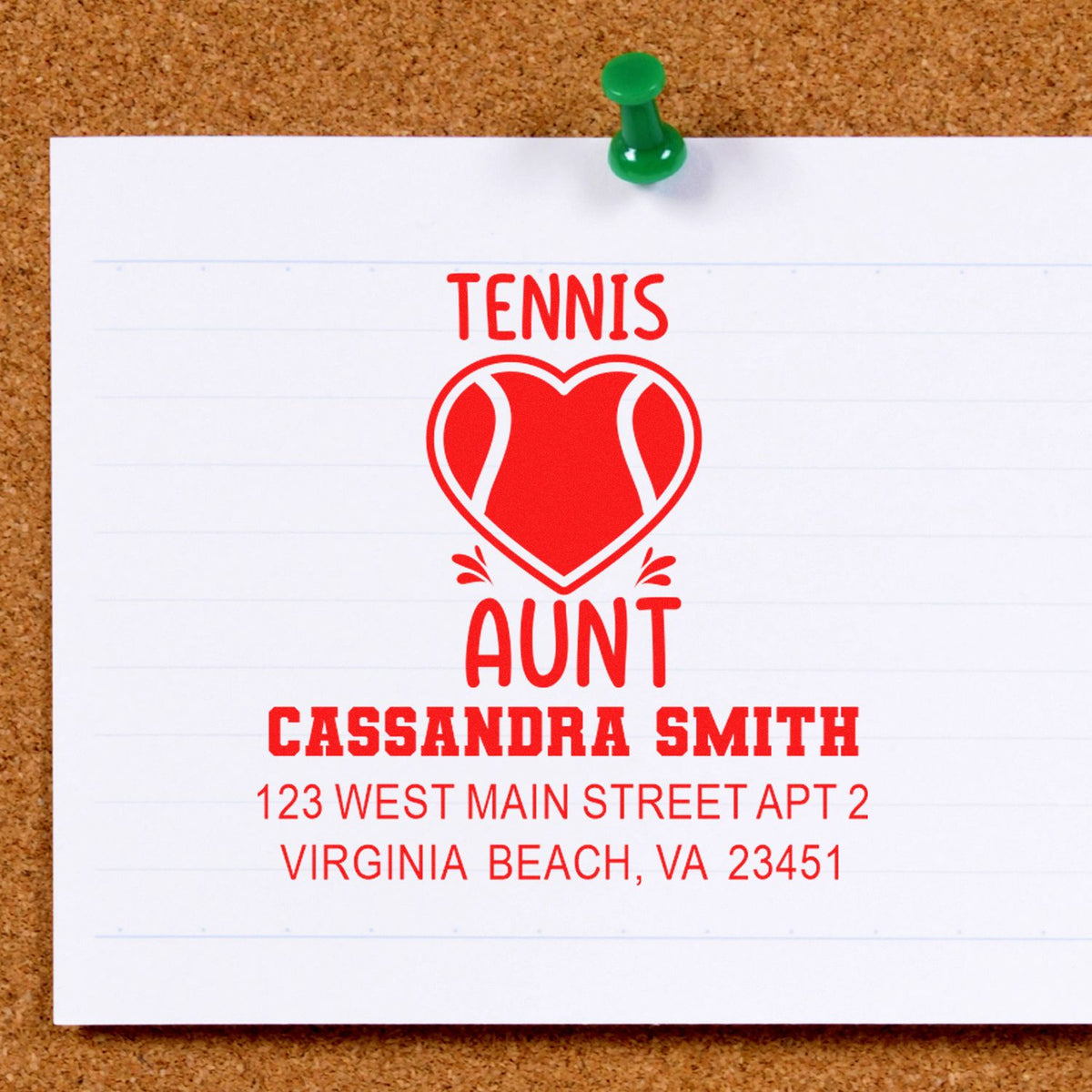 Personalized tennis aunt address rubber stamp imprint with name and Virginia Beach, VA address.