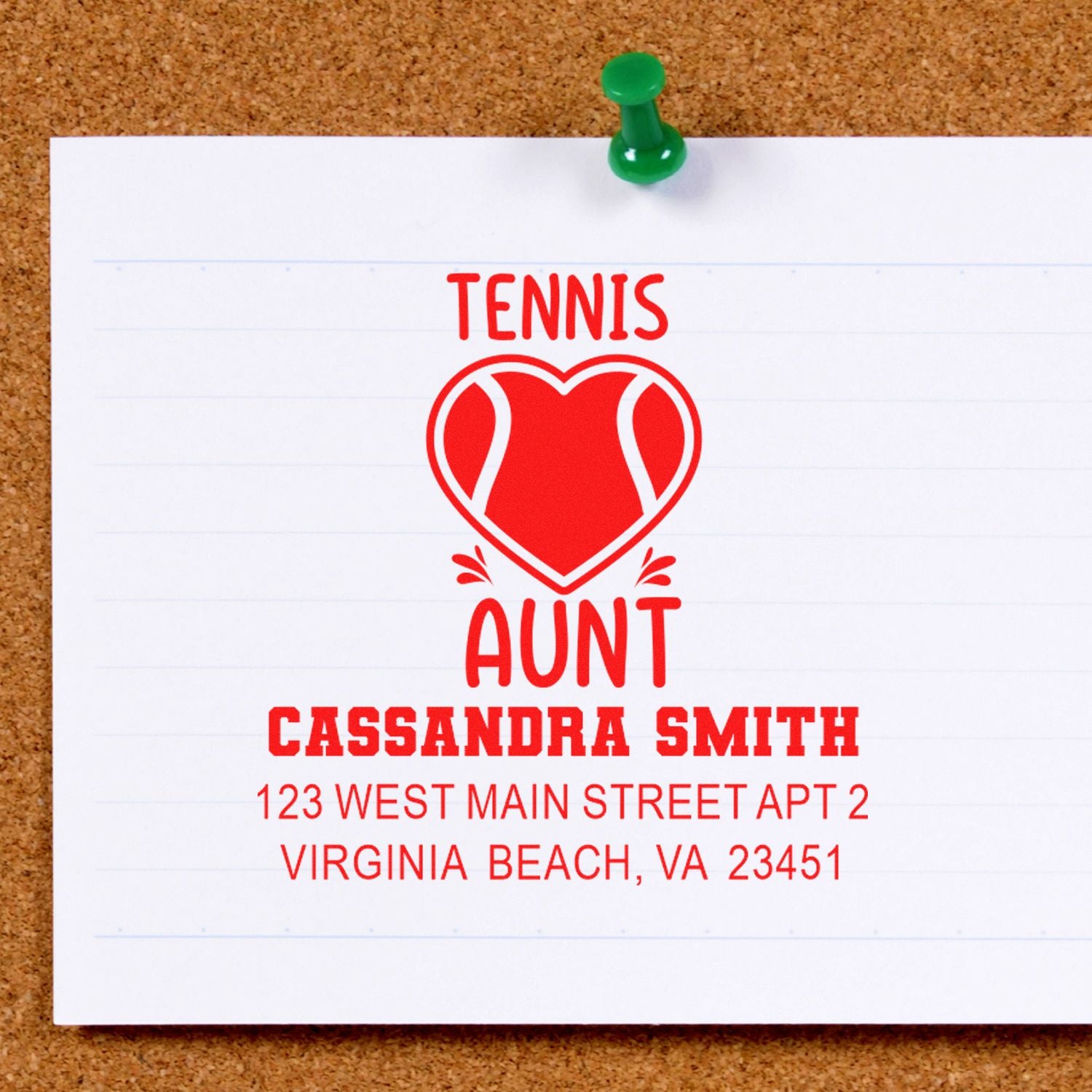 Personalized tennis aunt return address rubber stamp with Cassandra Smith name and Virginia Beach, VA address