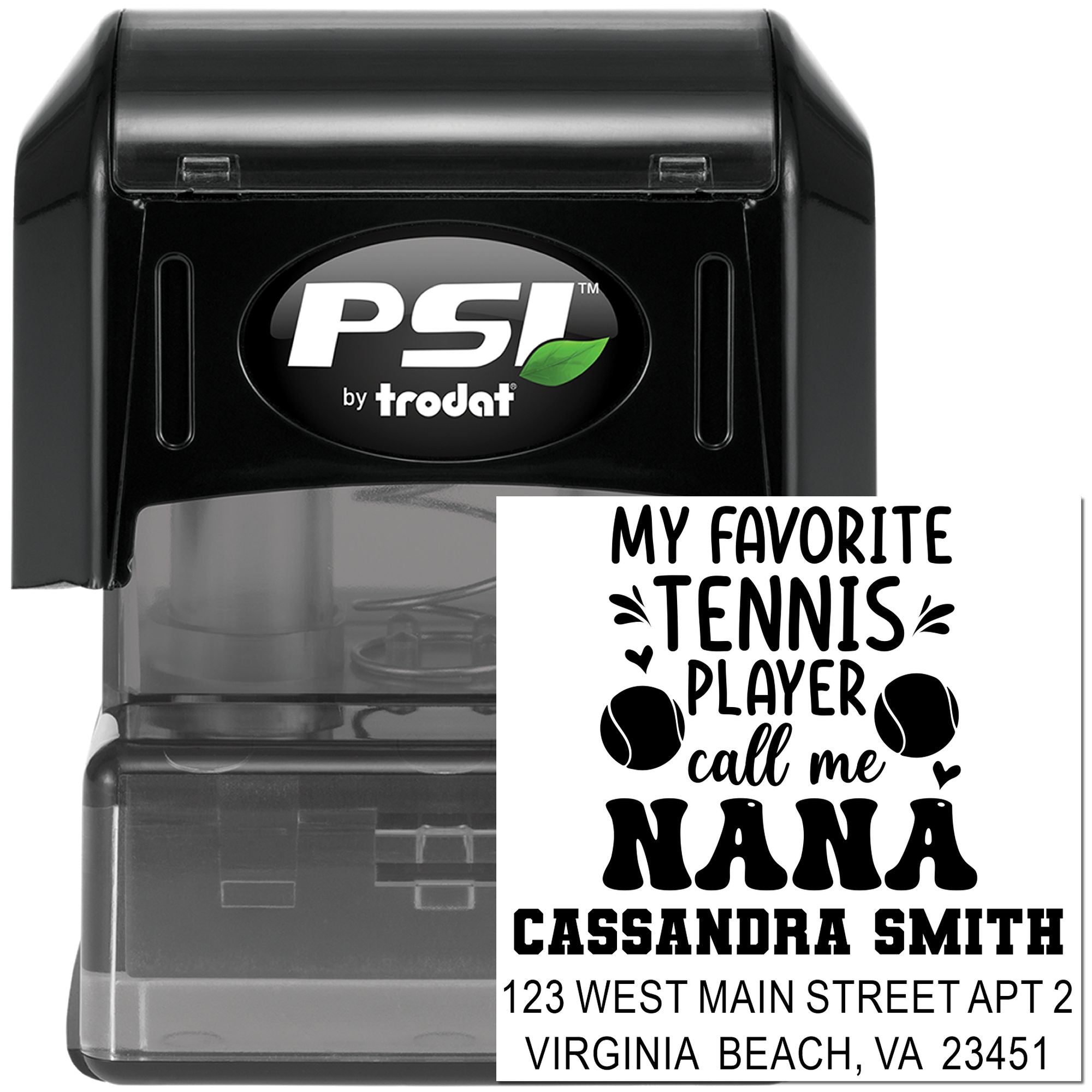 Personalized self-inking rubber address stamp by PSI Trodat with tennis-themed My Favorite Tennis Player Call Me Nana design.