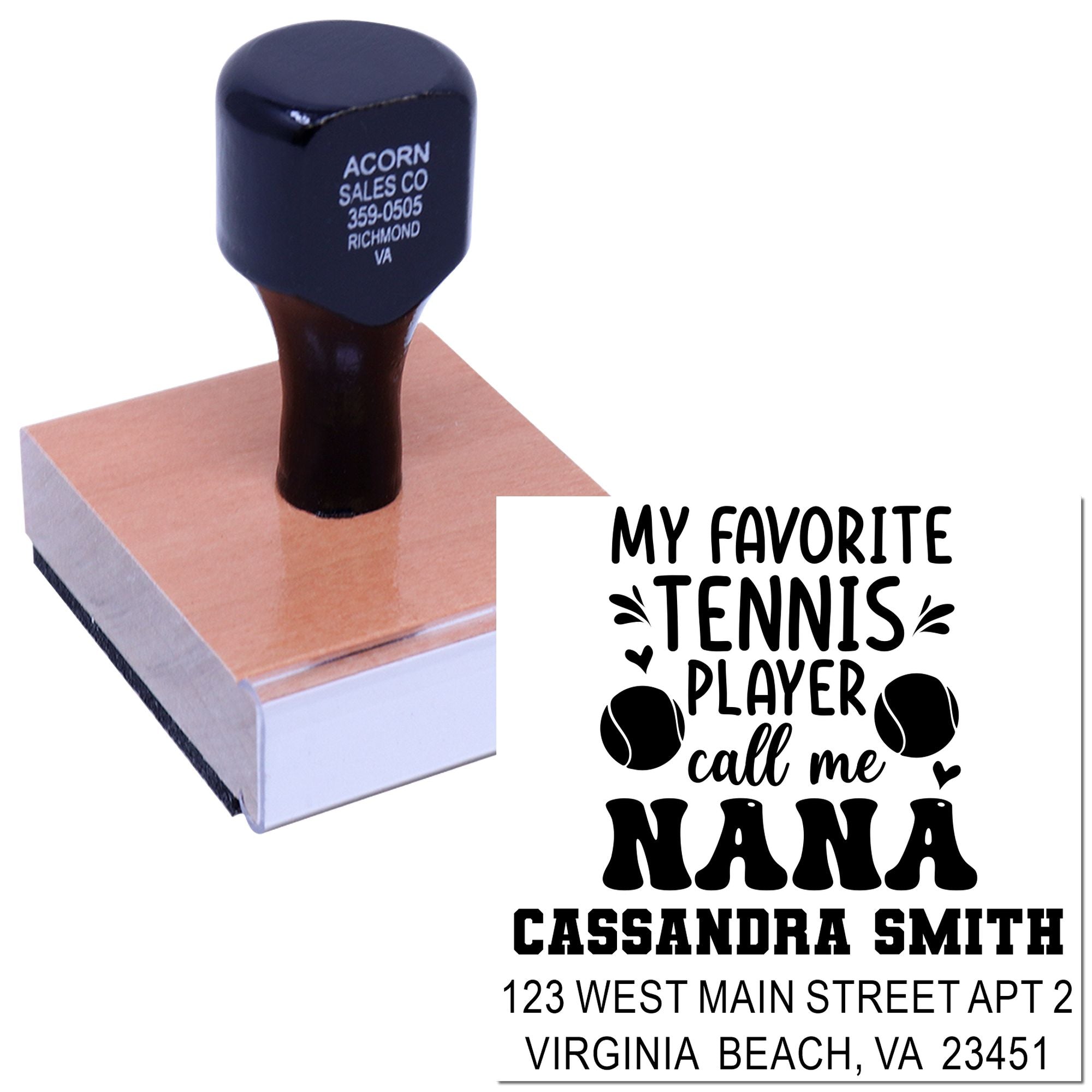 Personalized custom rubber stamp for tennis fans with My Favorite Tennis Player Call Me Nana return address design.