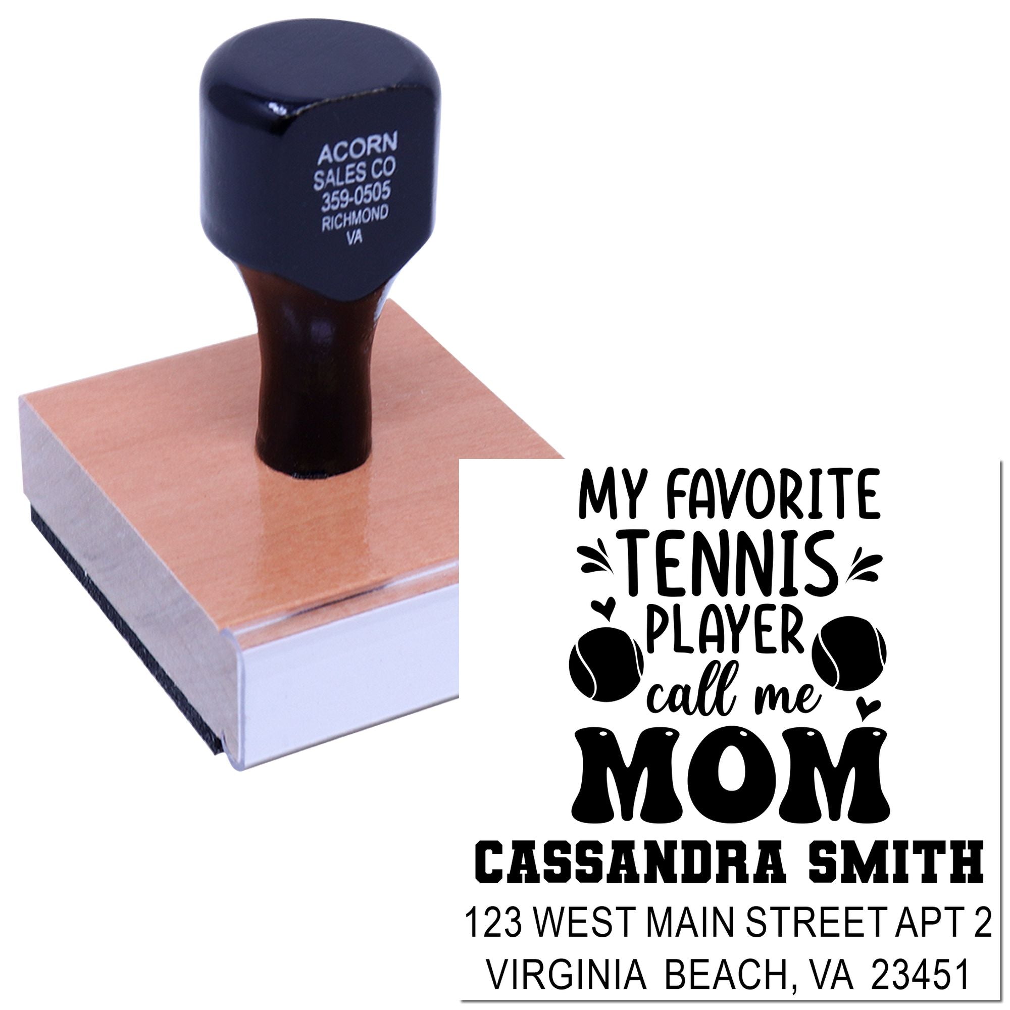 Custom self-inking rubber stamp for tennis moms with personalized name, address, and My Favorite Tennis Player Call Me Mom design.