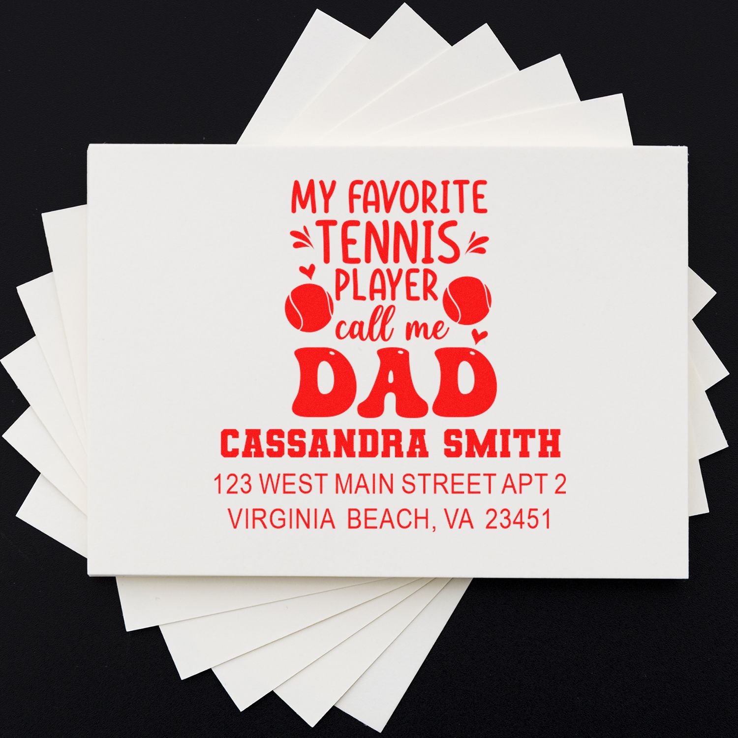 Custom tennis dad return address rubber stamp with personalized name, address, and My favorite tennis player call me Dad text.