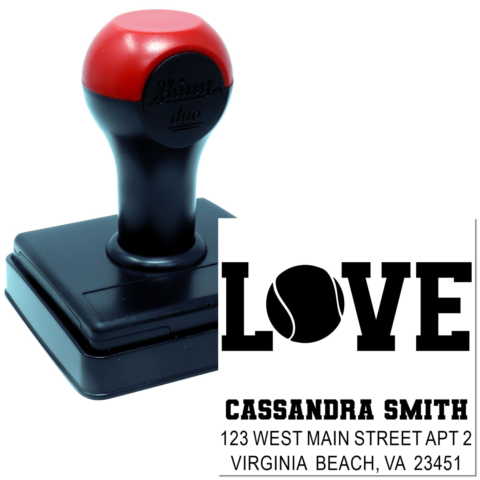 Self-inking rubber stamp with LOVE design and custom return address for Cassandra Smith, Virginia Beach, VA.