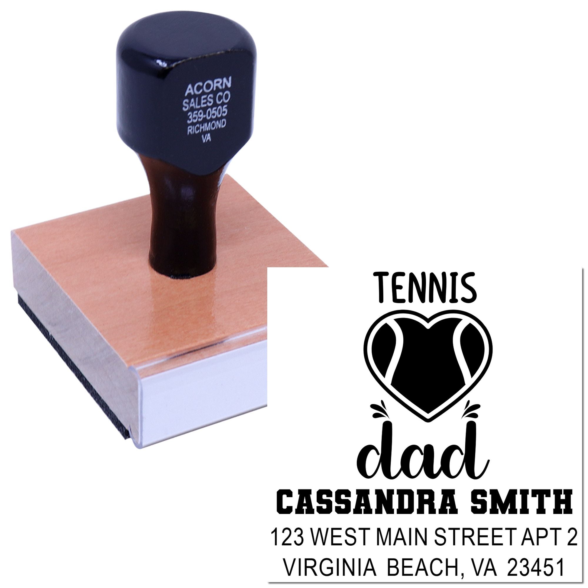 Custom tennis dad rubber stamp with name and address for personalized return mail and tennis-themed stationery.