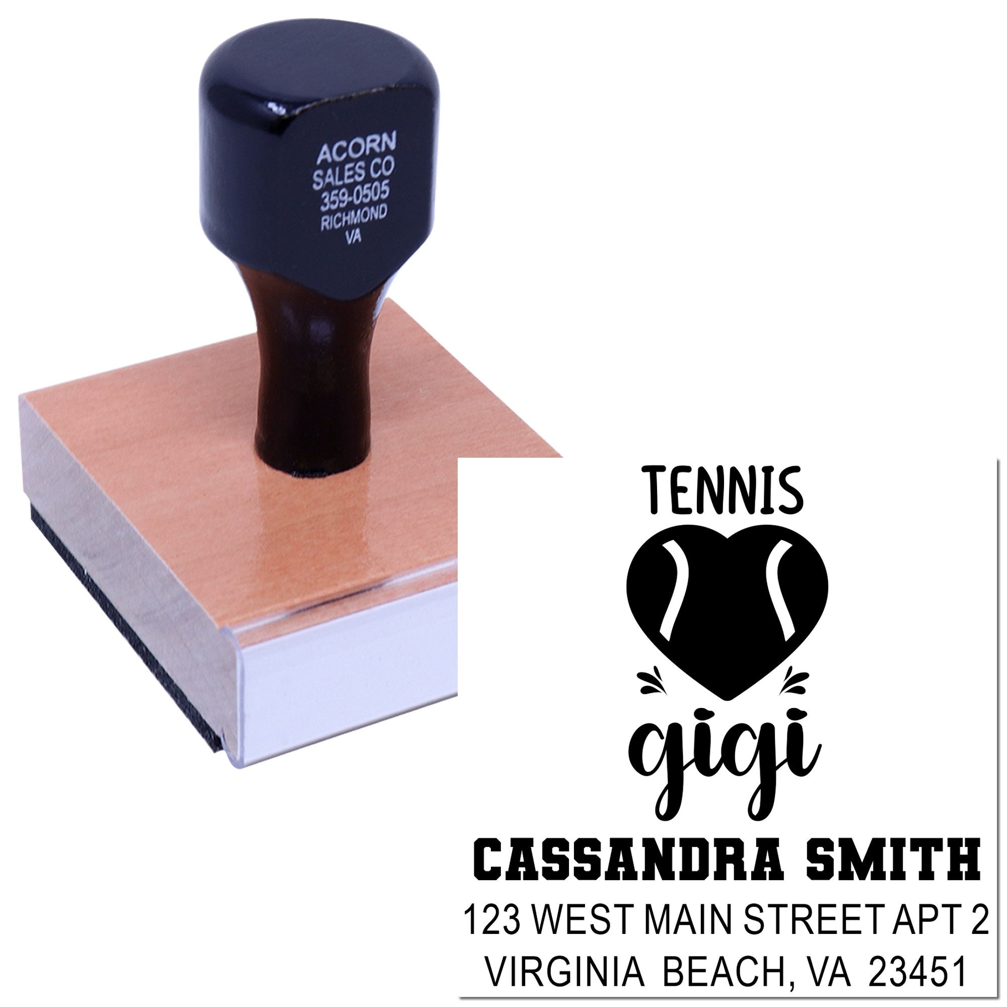 Custom tennis return address rubber stamp with personalized name, address, and self-inking stamp design for gifts or stationery.