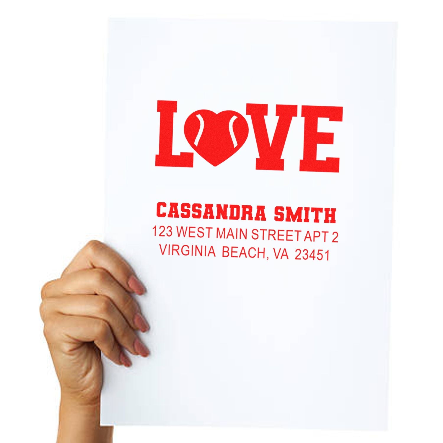 Custom return address rubber stamp with LOVE design for Cassandra Smith, Virginia Beach, VA.