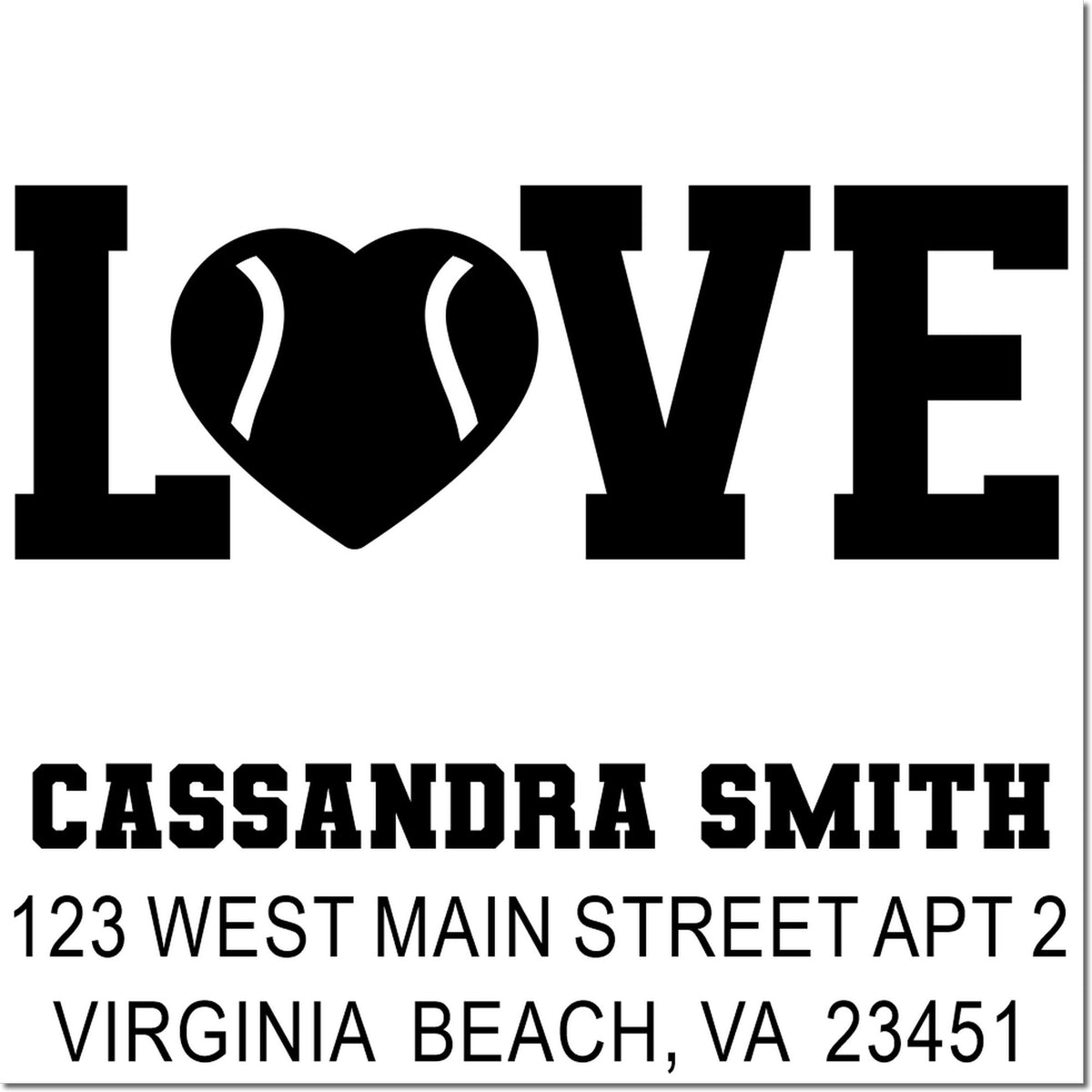 LOVE return address rubber stamp with heart, Cassandra Smith, 123 West Main Street Apt 2, Virginia Beach, VA 23451