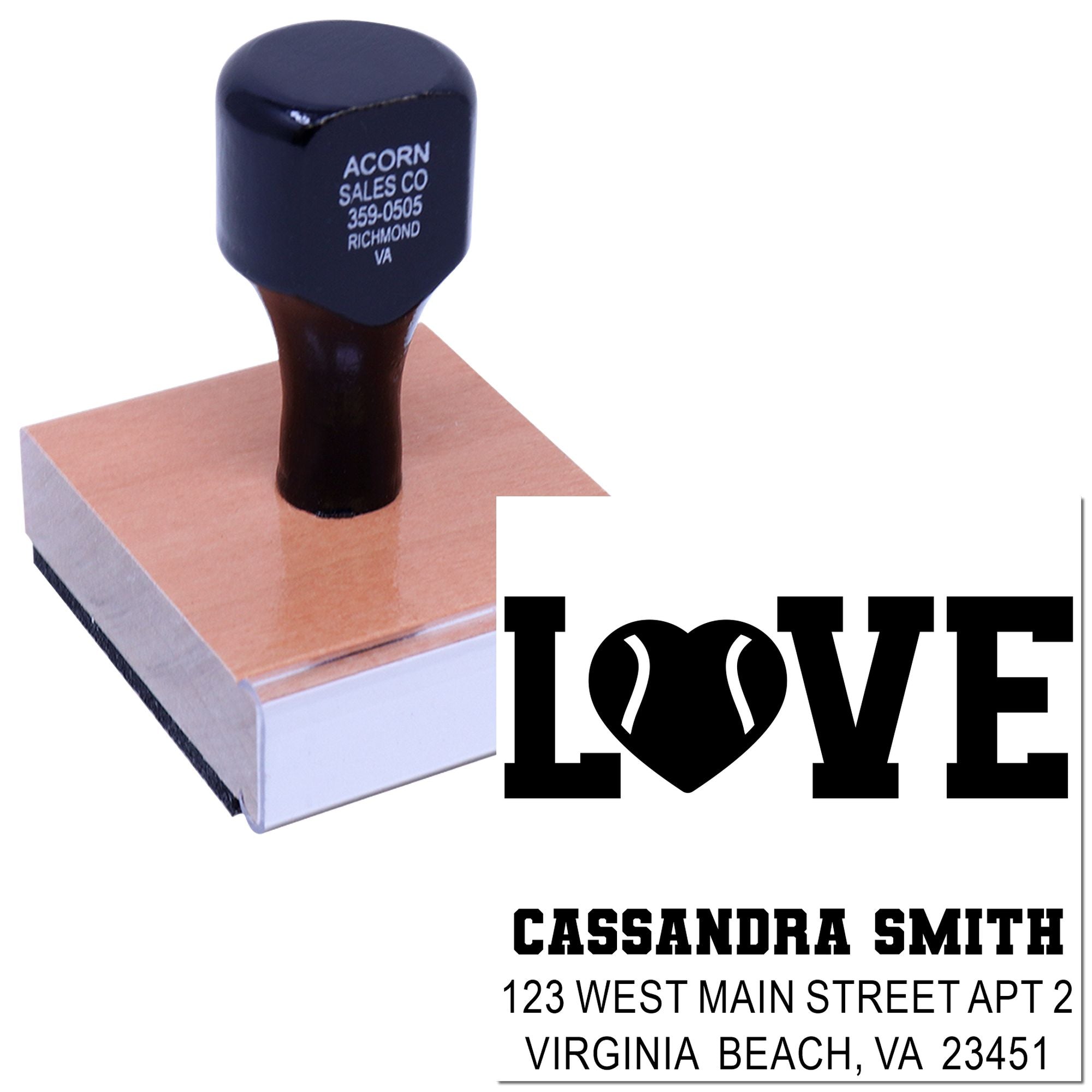 Custom LOVE address rubber stamp for wedding invitations, featuring personalized name and return address in bold print.