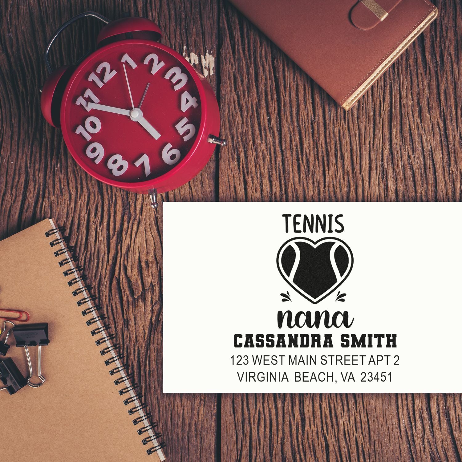 Custom tennis nana address rubber stamp with Cassandra Smith and Virginia Beach, VA mailing details.