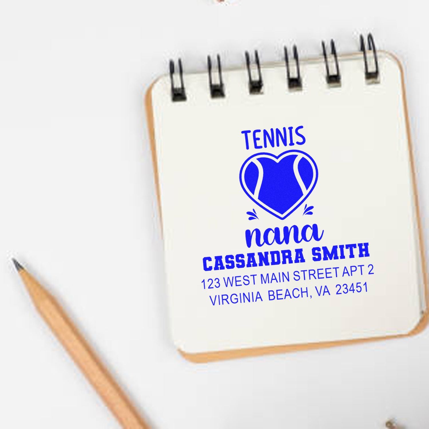 Personalized tennis nana address rubber stamp with heart tennis ball design and custom name for mailing.
