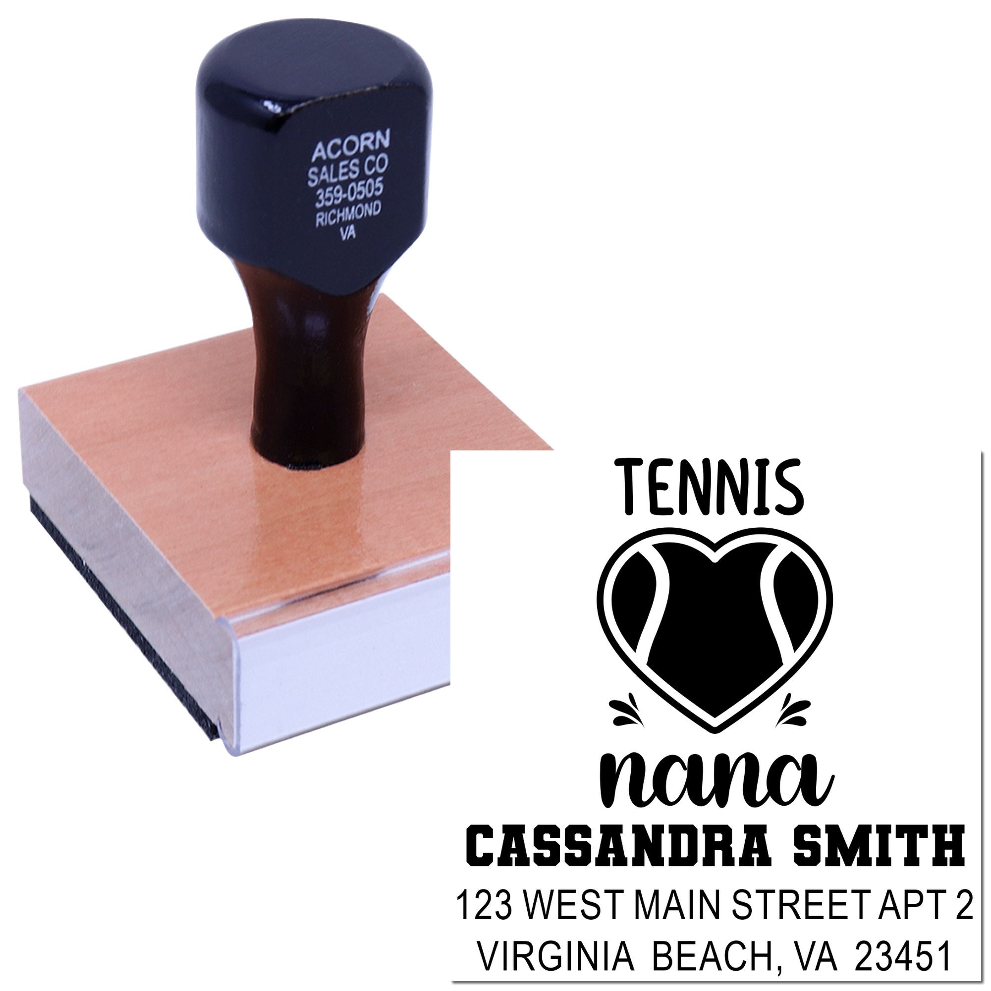 Custom tennis nana rubber stamp with personalized name and address for mailing labels and handmade gifts.
