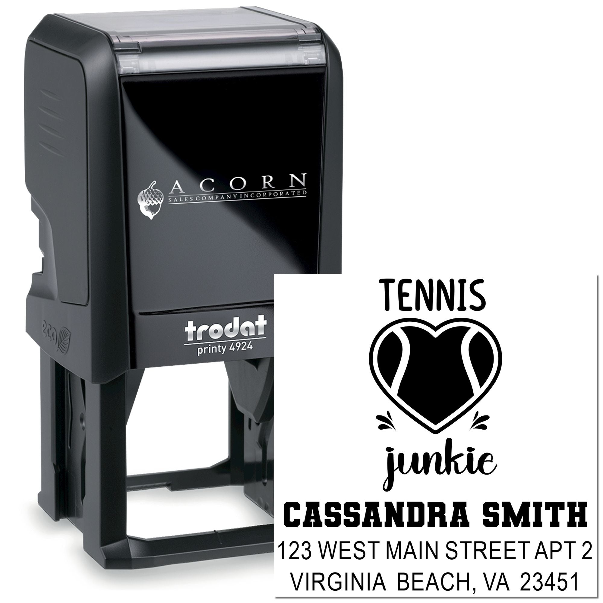 Custom self-inking rubber stamp with tennis junkie design and return address, Trodat Printy 4924 personal stamp.