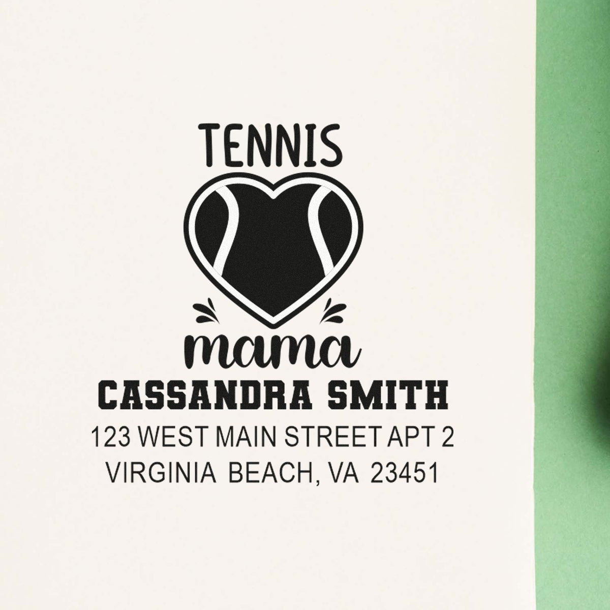 Custom tennis mama rubber stamp with heart tennis design, personalized name, and address for mailing labels.