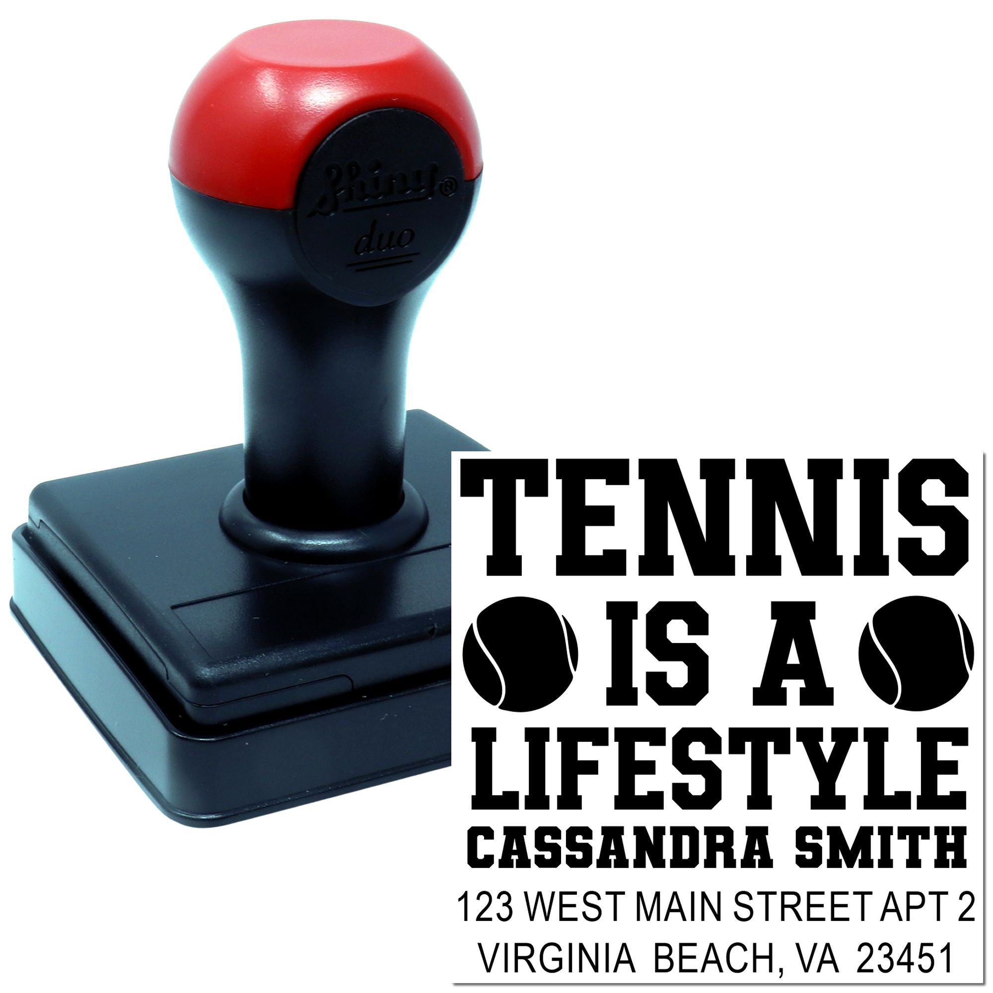 Personalized tennis rubber stamp with self-inking design and custom return address for tennis lovers.