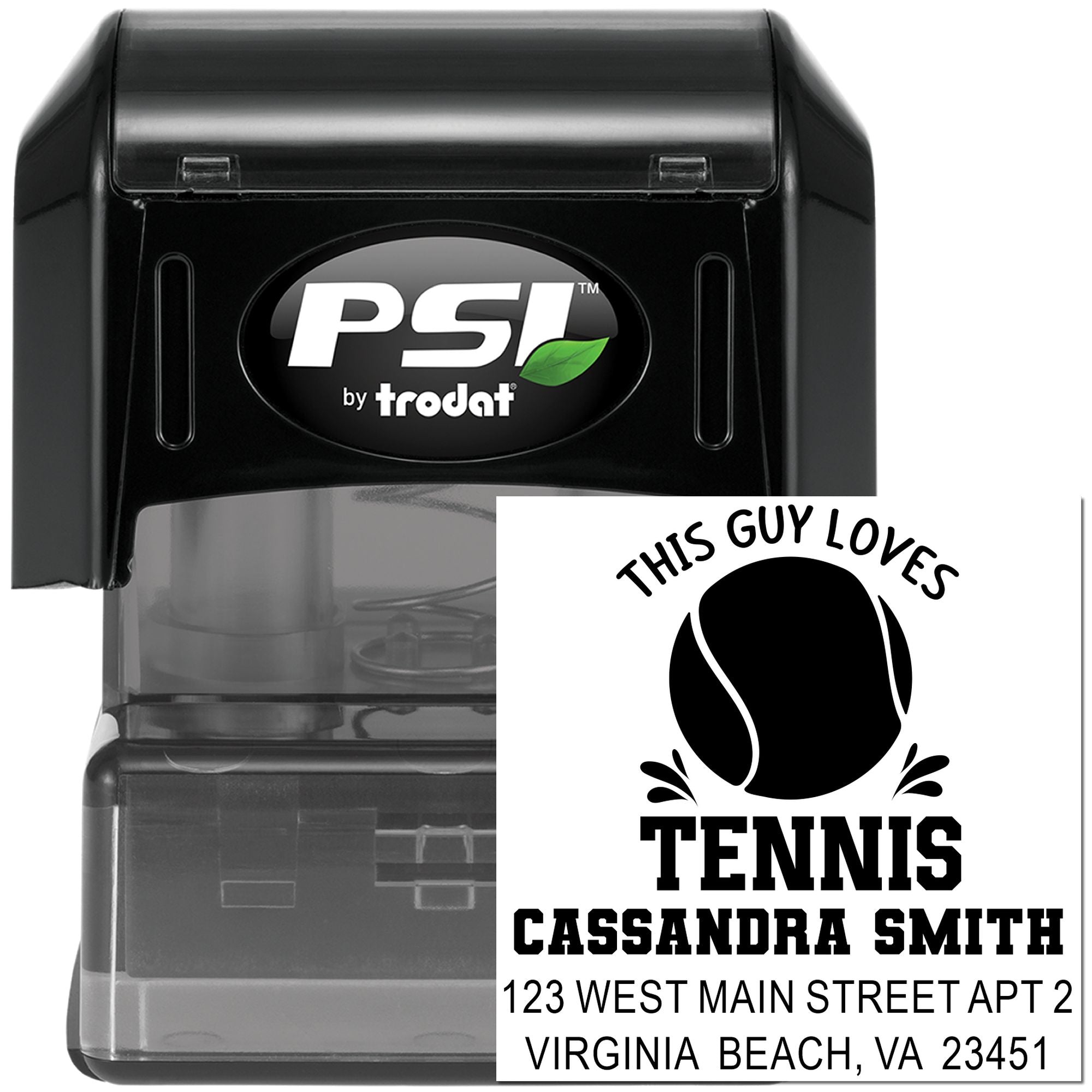 Custom self-inking tennis address rubber stamp with tennis ball design, name, and return address by PSI by Trodat.