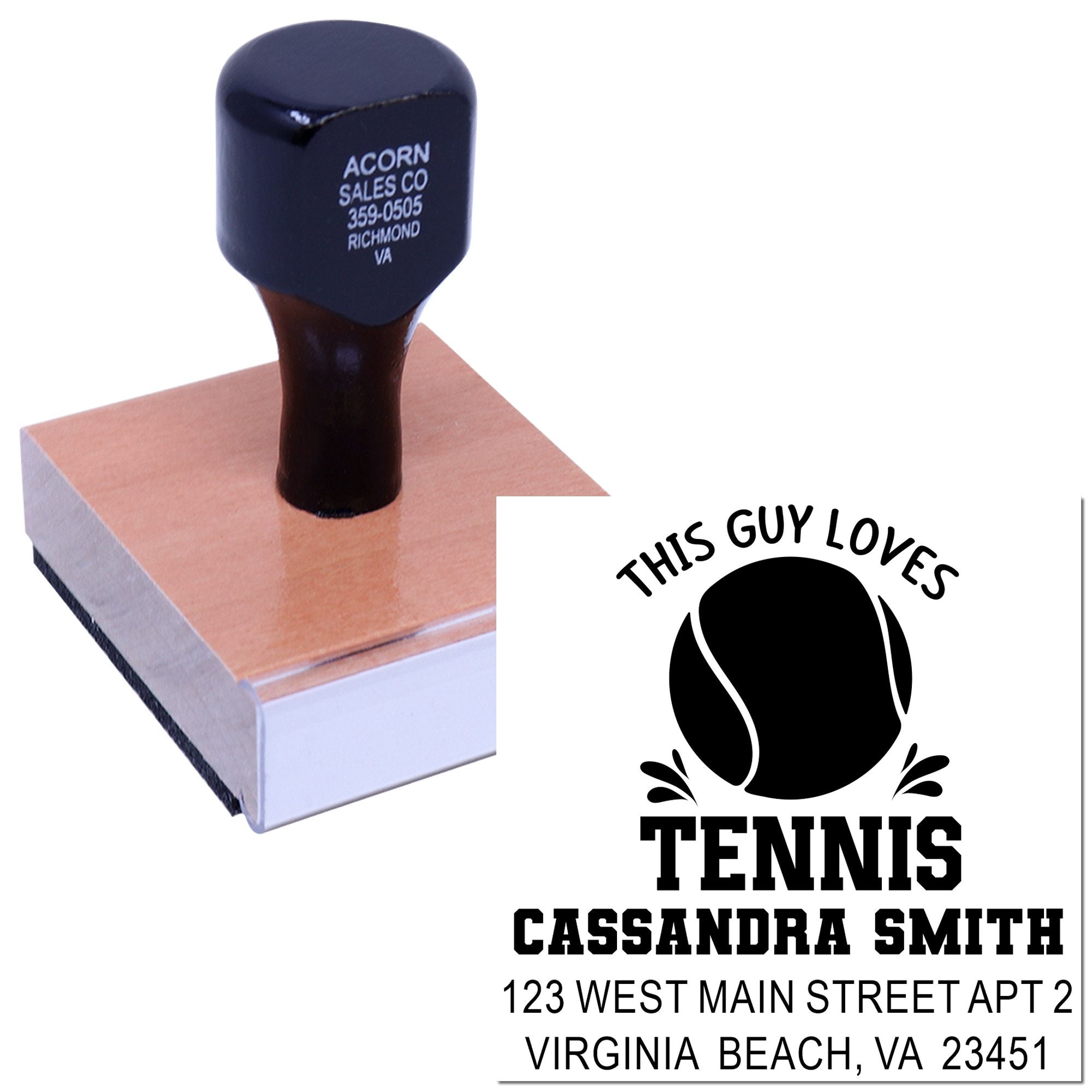 Custom tennis rubber stamp with personalized address and This Guy Loves Tennis design for return envelopes and stationery.