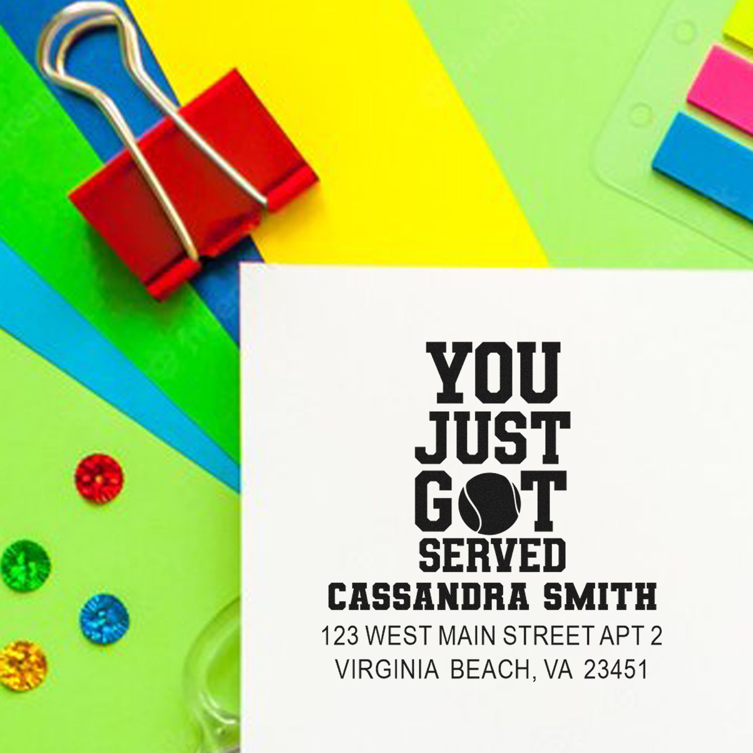 Custom rubber stamp with You Just Got Served tennis design and personalized return address for cards, mailings, and stationery.